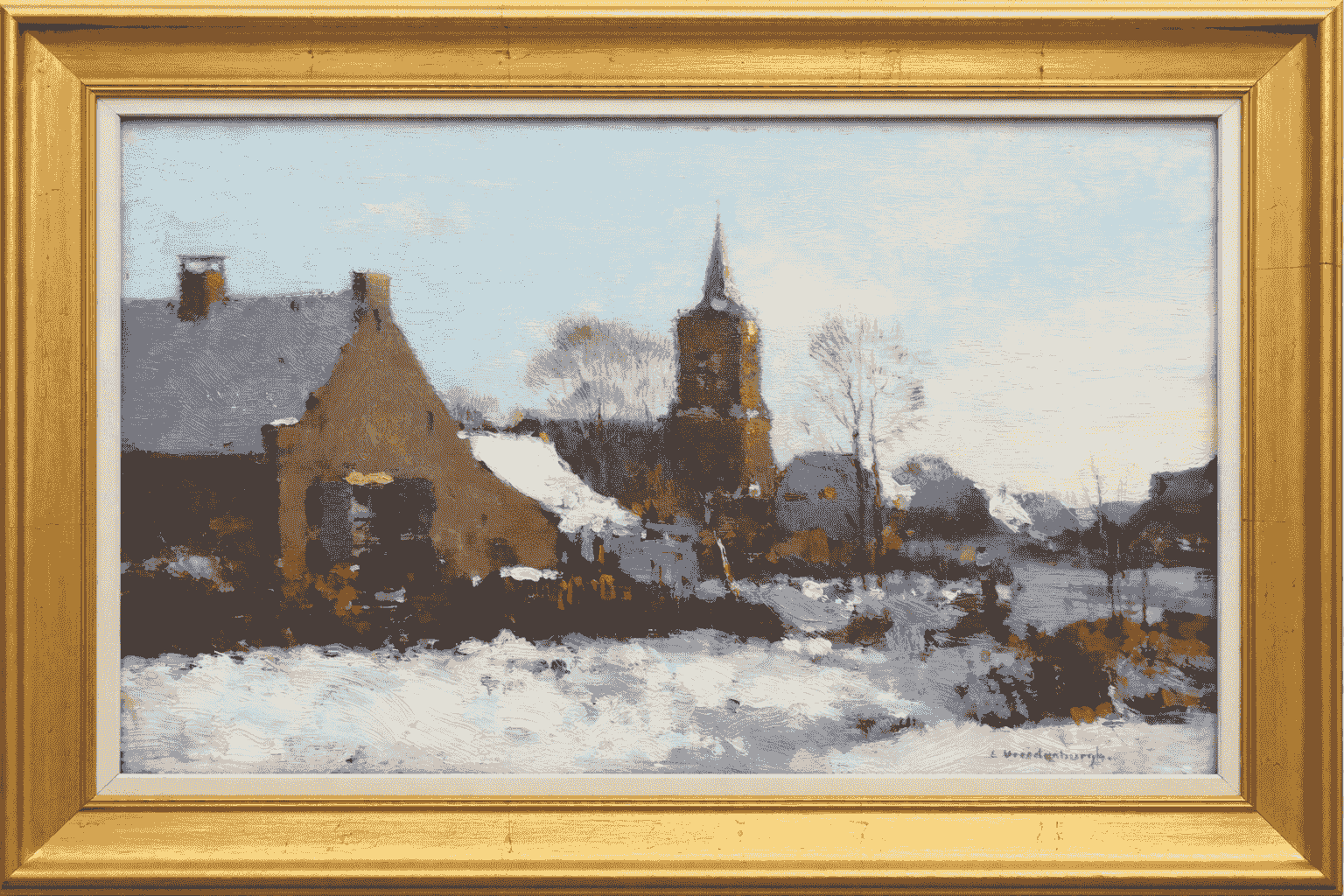 Cornelis Vreedenburgh - Verstild winterlandschap in het dorp Laren (met lijst)