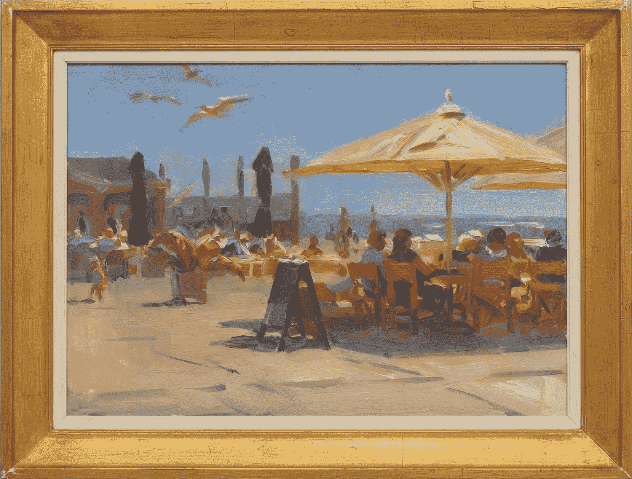 Hans Versfelt - Levendig strandterras op een zonnige dag aan zee door Hans Versfelt (met lijst)