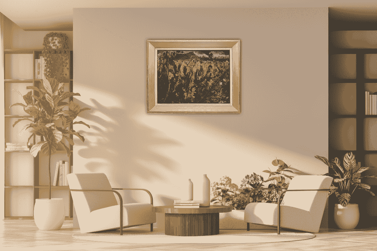 Johan Dijkstra - Gronings landschap met twee zonnebloemen (in interieur)