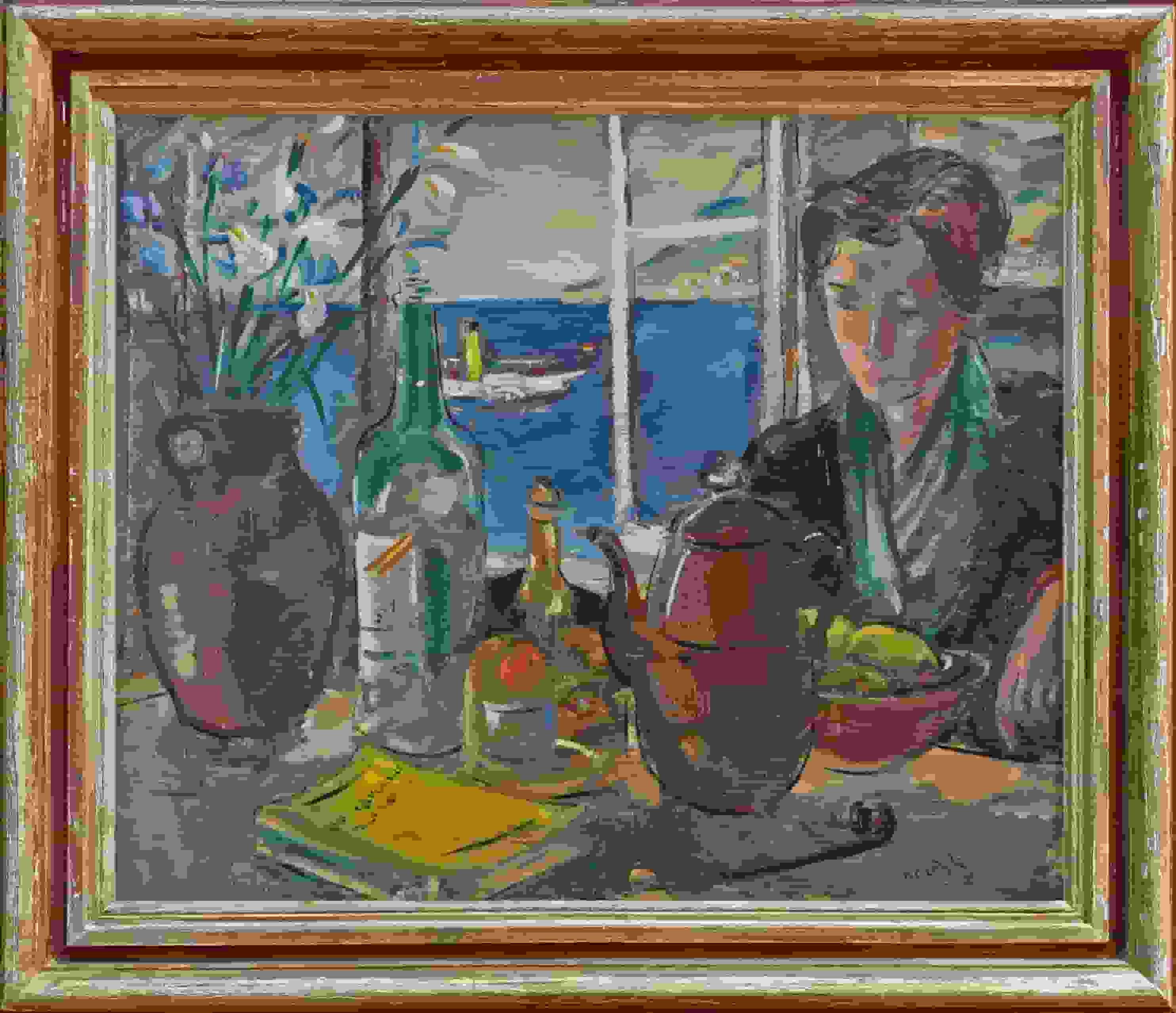 Gerard Hordijk - Zeegezicht met vrouw aan tafel (met lijst)