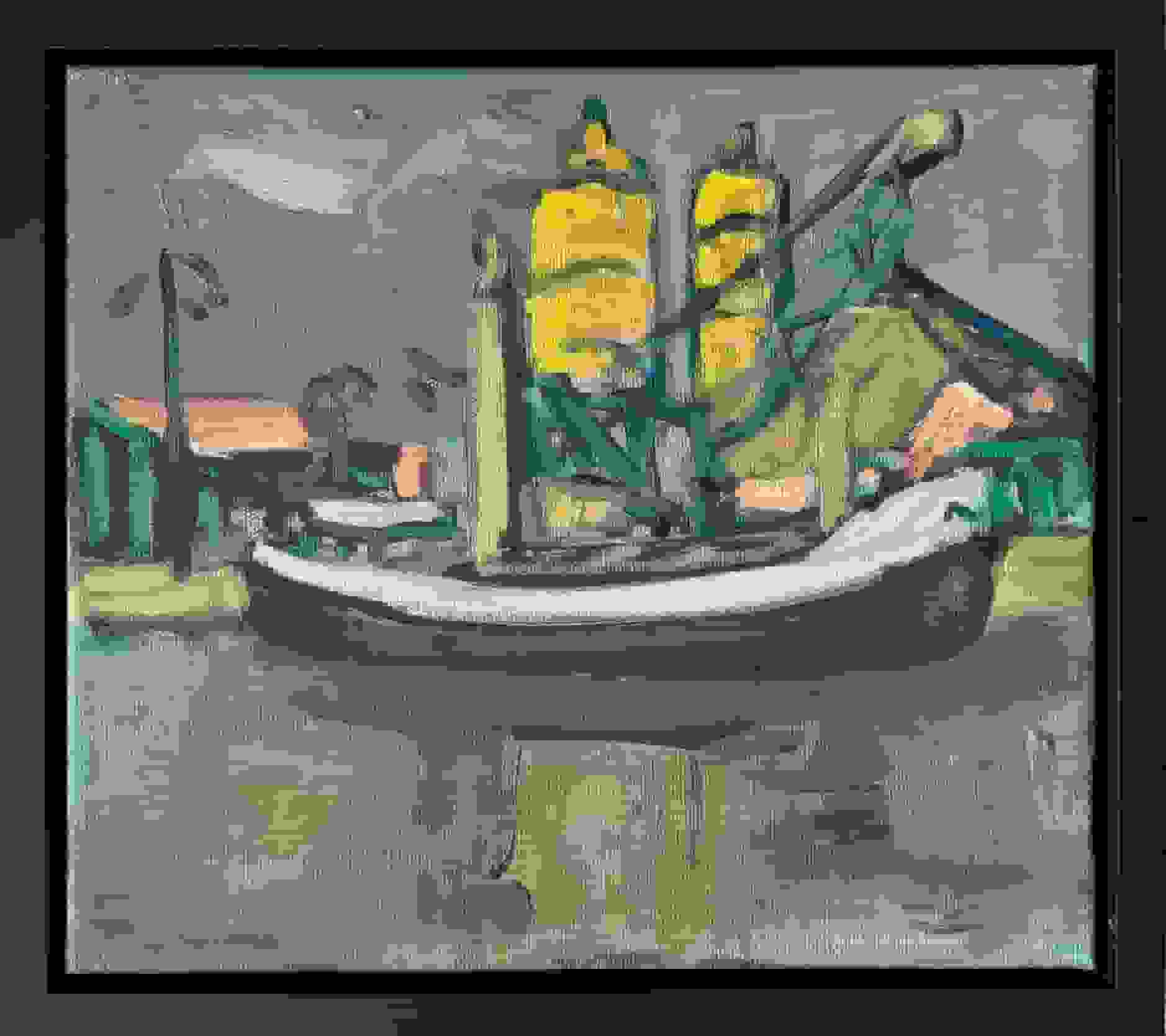 Wim van der Veer - Boot bij twee silo's  (met lijst)