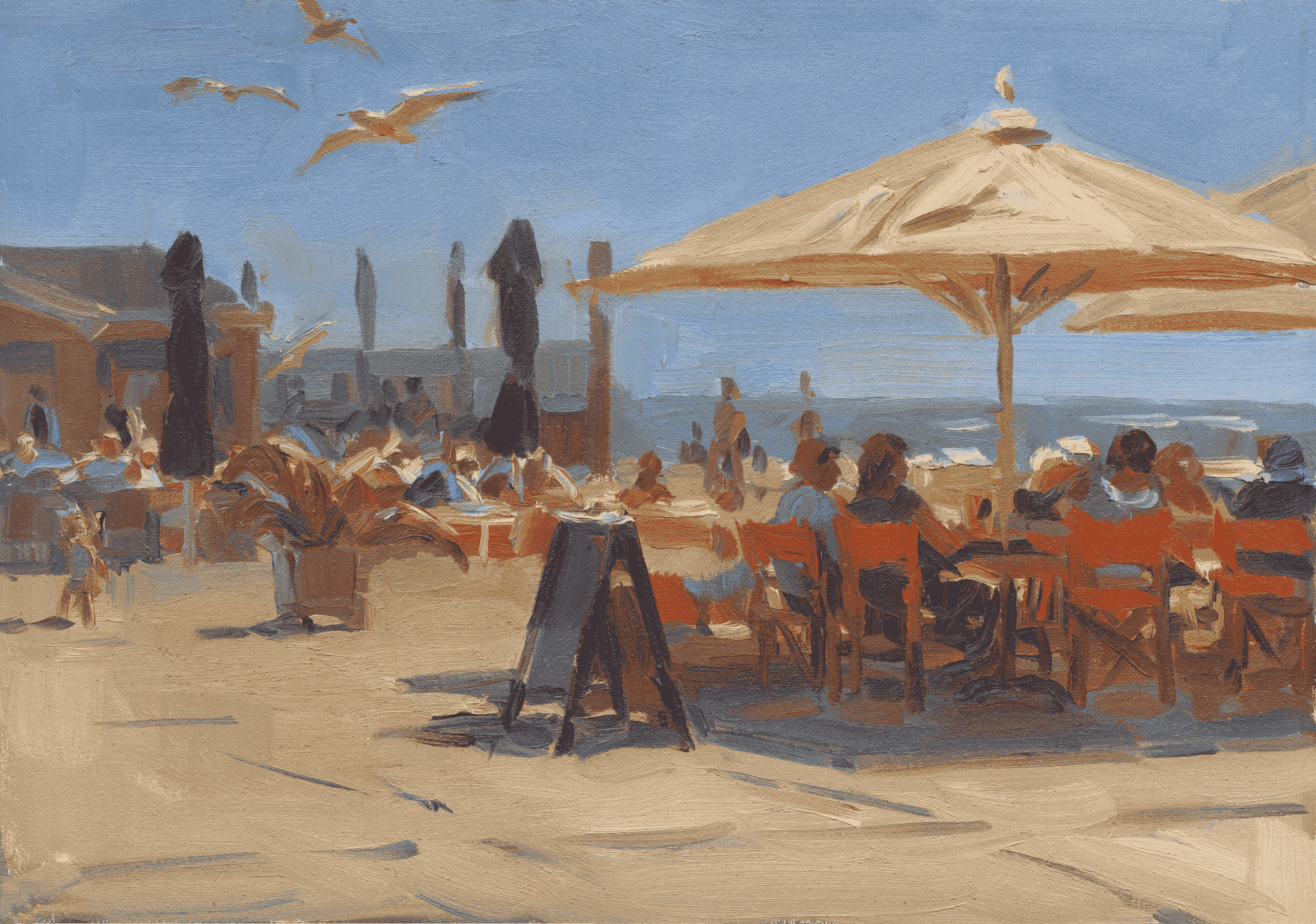 Hans Versfelt - Levendig strandterras op een zonnige dag aan zee door Hans Versfelt (zonder lijst)