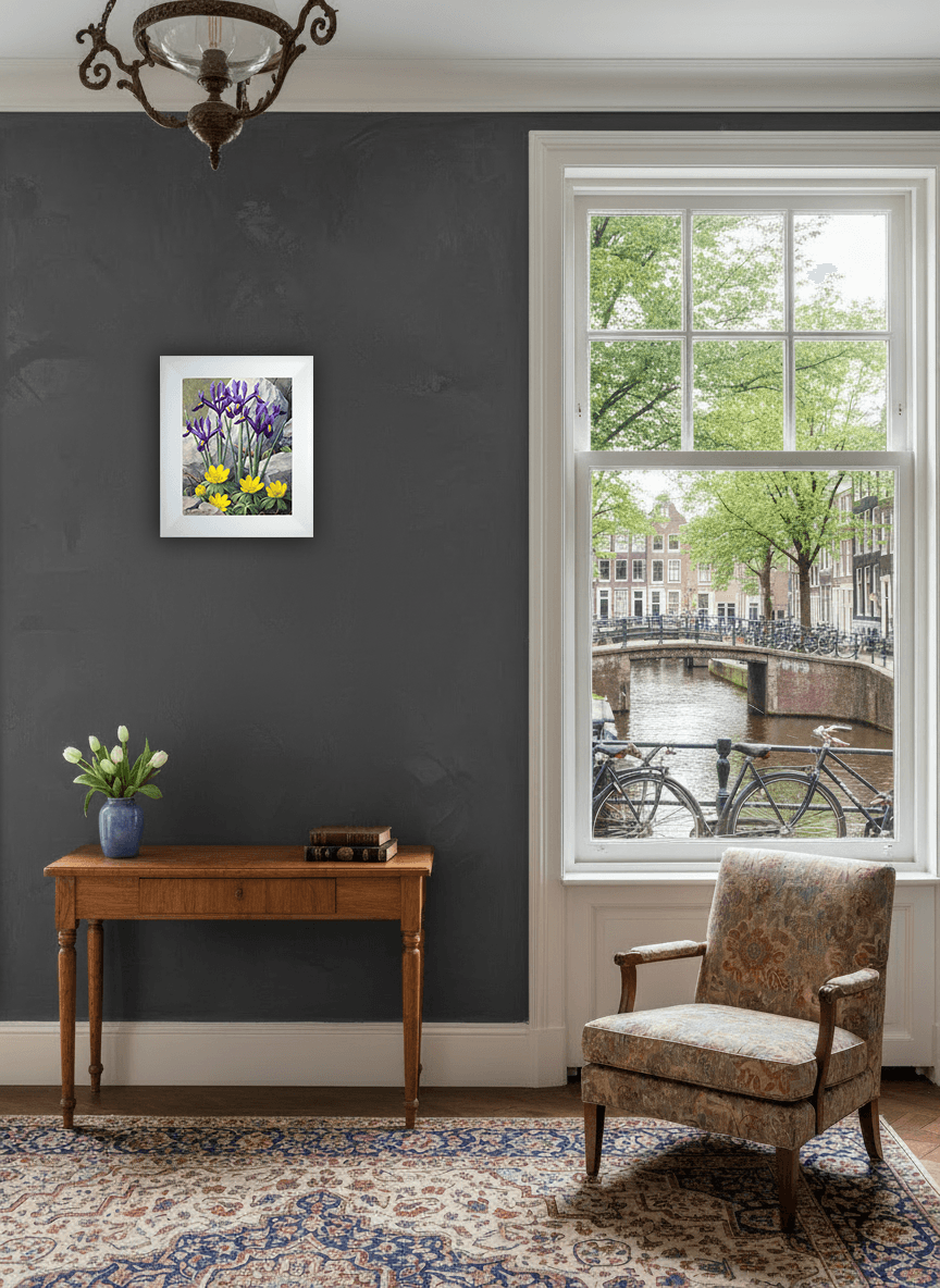 Bloemen (iris en winterakoniet) zonder lijst