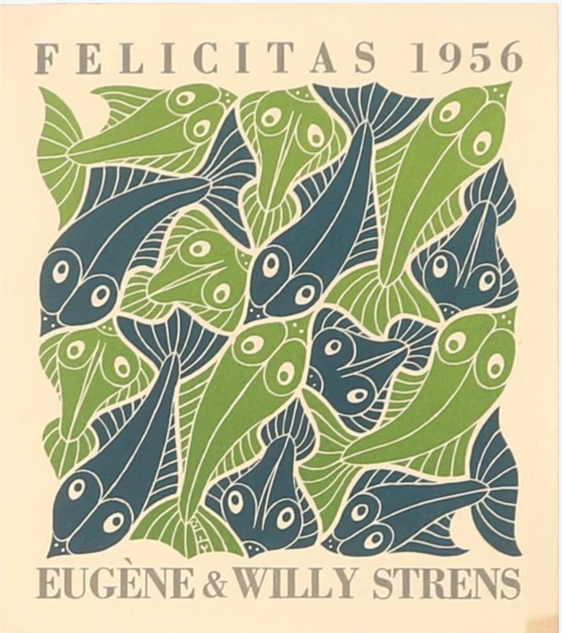 Nieuwjaarskaarten voor 1953-54-55-56 met de 4 elementen (i.o.v. Eugene en Willy Strens) zonder lijst