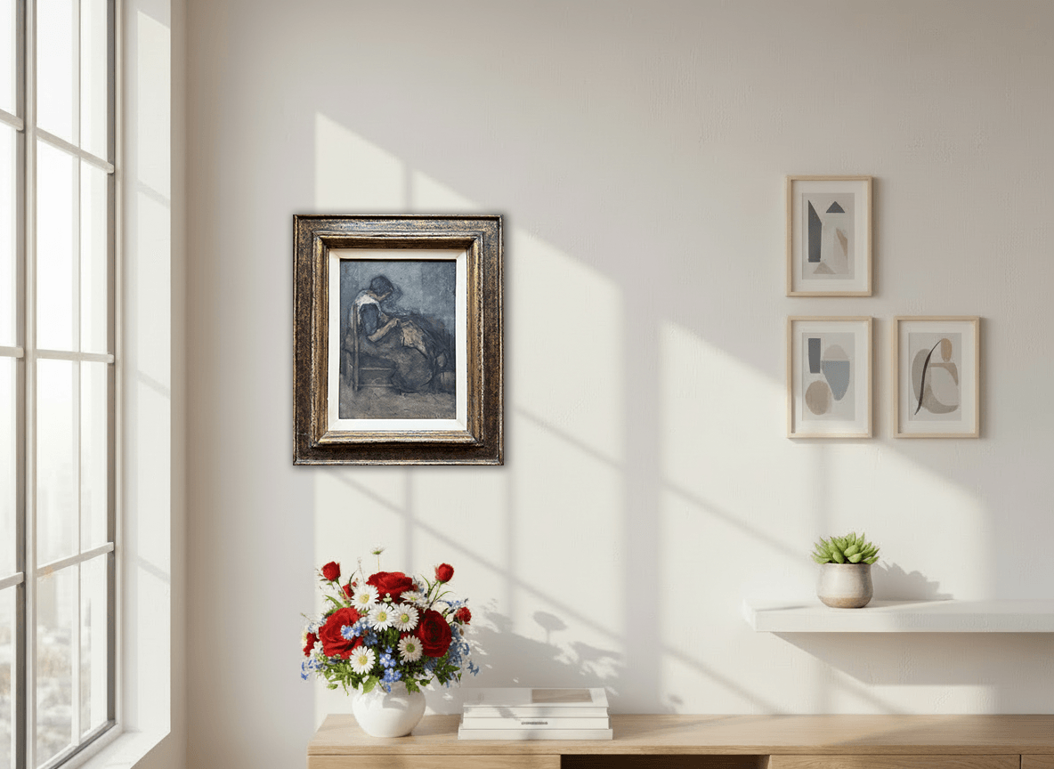 Suze Robertson - Jonge vrouw die kleding verstelt (in interieur)