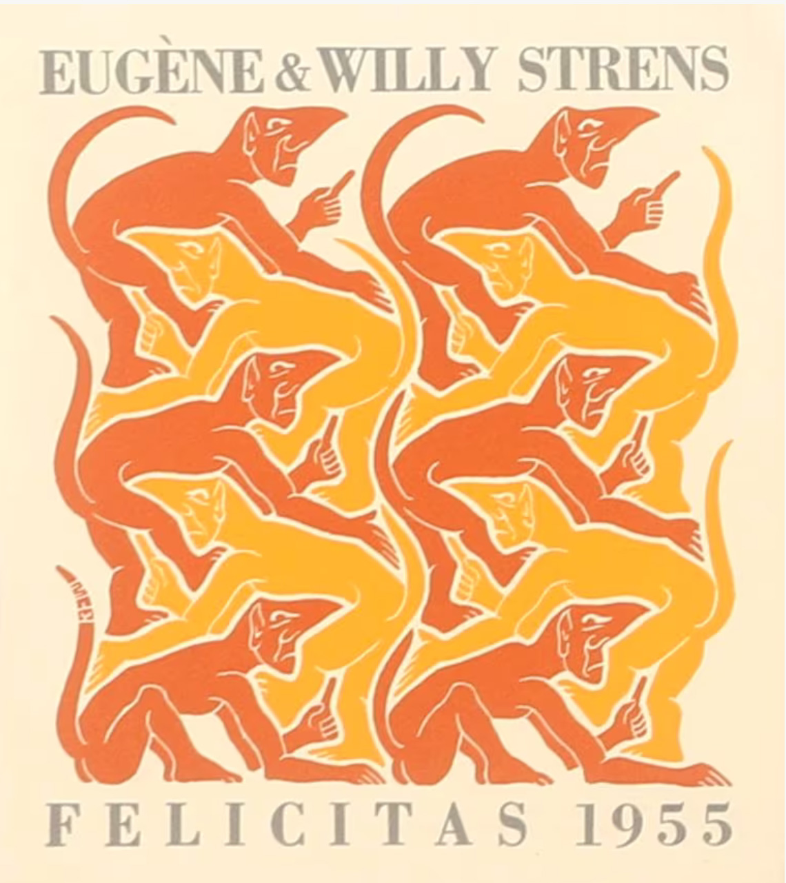 Nieuwjaarskaarten voor 1953-54-55-56 met de 4 elementen (i.o.v. Eugene en Willy Strens) zonder lijst