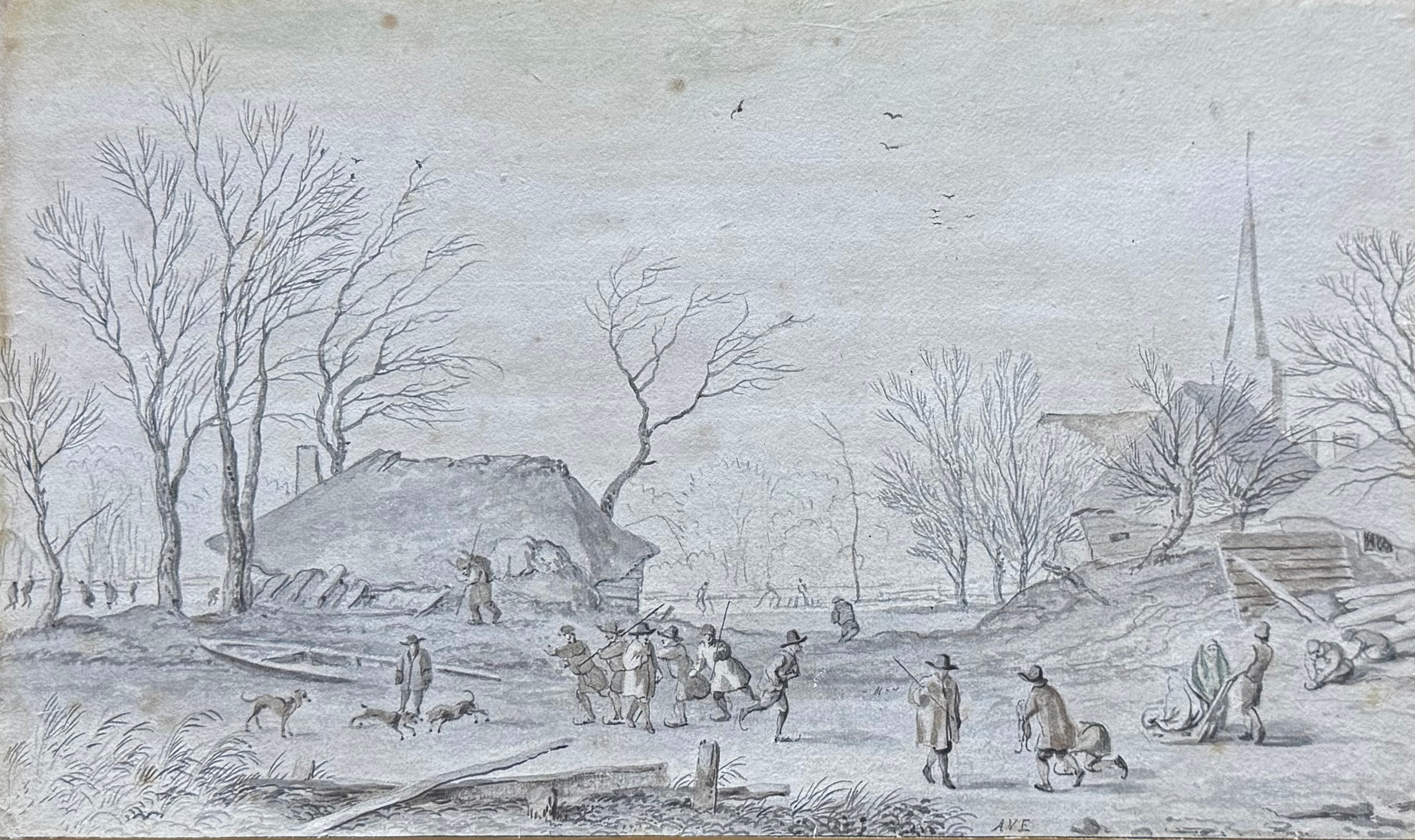 Village in winter with many skaters on ice zonder lijst