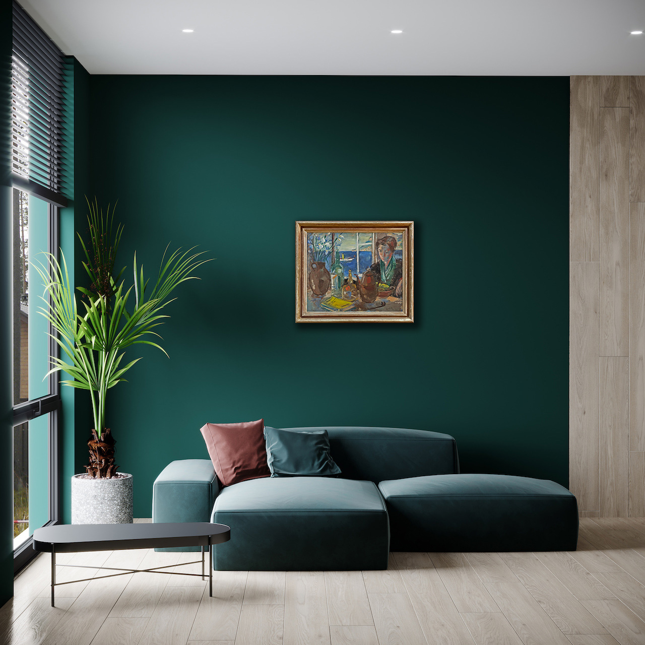 Zeegezicht met vrouw aan tafel zonder lijst