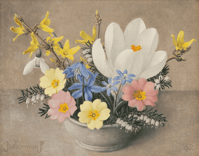 1962: Bloemstukje met witte crocus, Marouflé, 20 x 16 cm