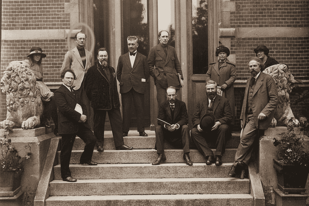 Bestuursleden van de kunstenaarsvereniging "De Onafhankelijken" tijdens de tentoonstelling in het Stedelijk Museum ter gelegenheid van het 10-jarig bestaan. v.l.n.r. M. de Groot (1e voorz), Harmen H. Meurs, Jan de Boer, R. Martinez, Kees Heijnsius, H.F. Boot (1e secr), D.B. Nanninga en Jan Visser. Nederland, Amsterdam, 1922.