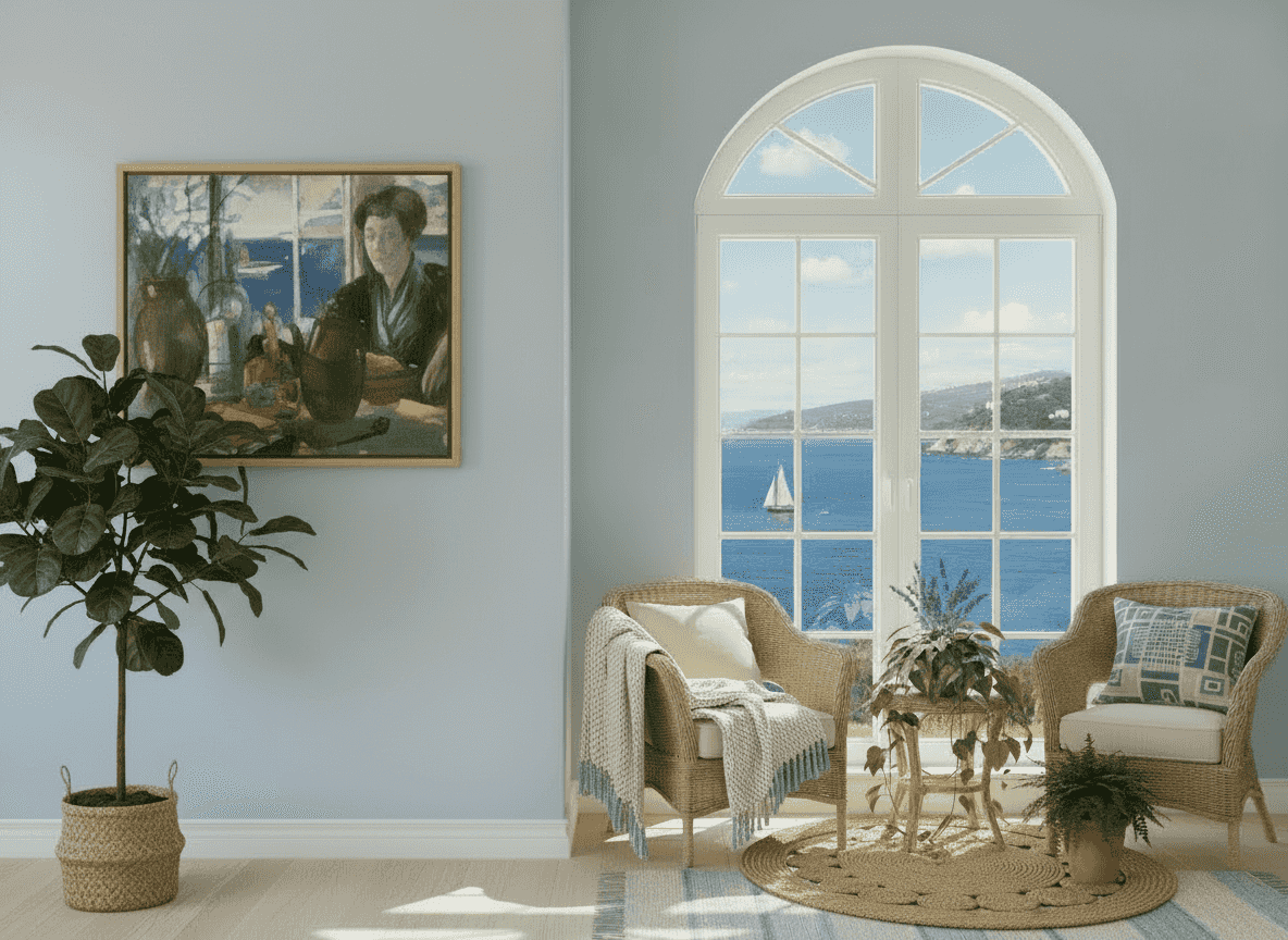 Gerard Hordijk - Zeegezicht met vrouw aan tafel (in interieur)