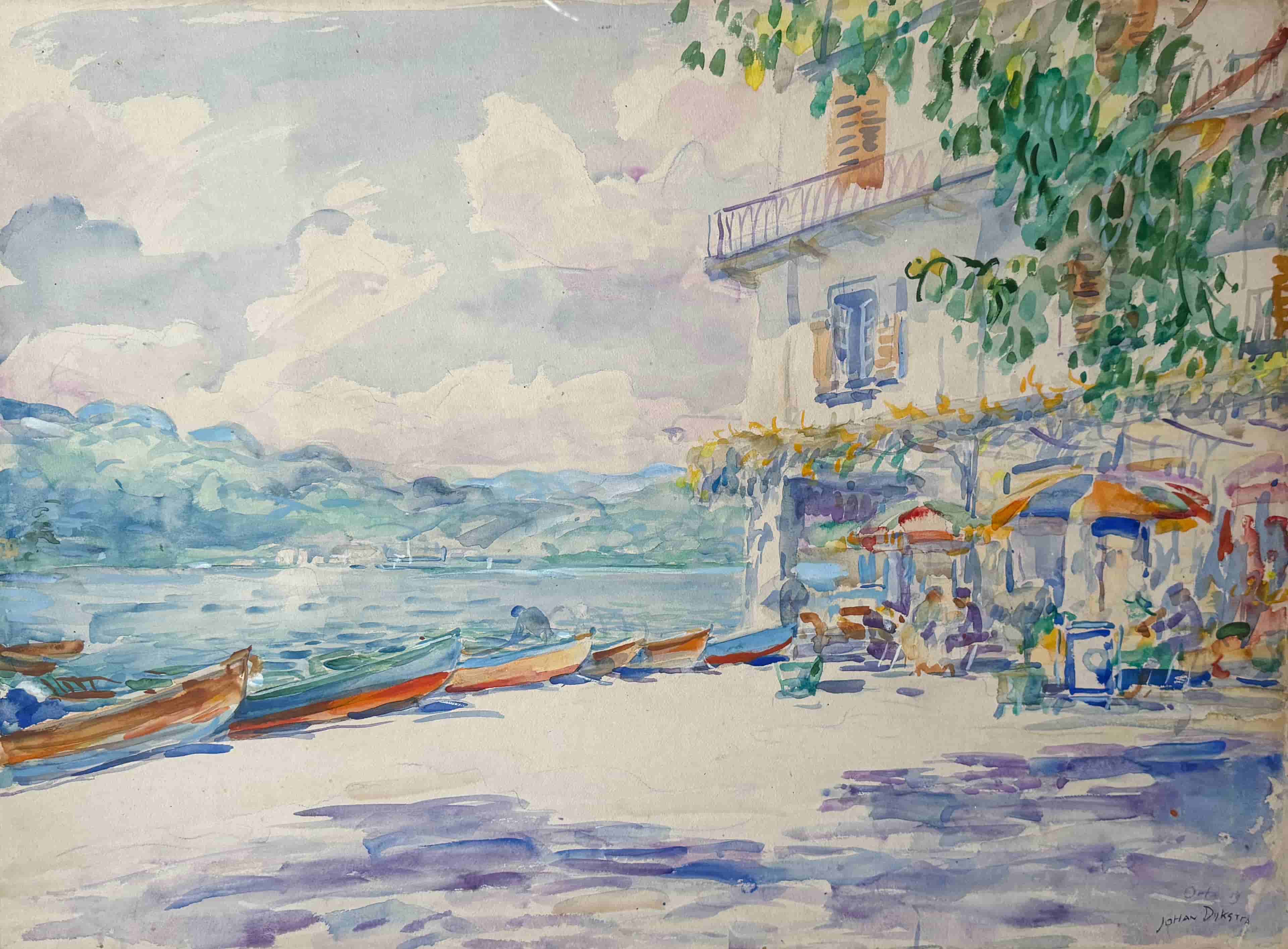 Johan Dijkstra - Gezicht op het strand bij Lago d'Orta (Italië)