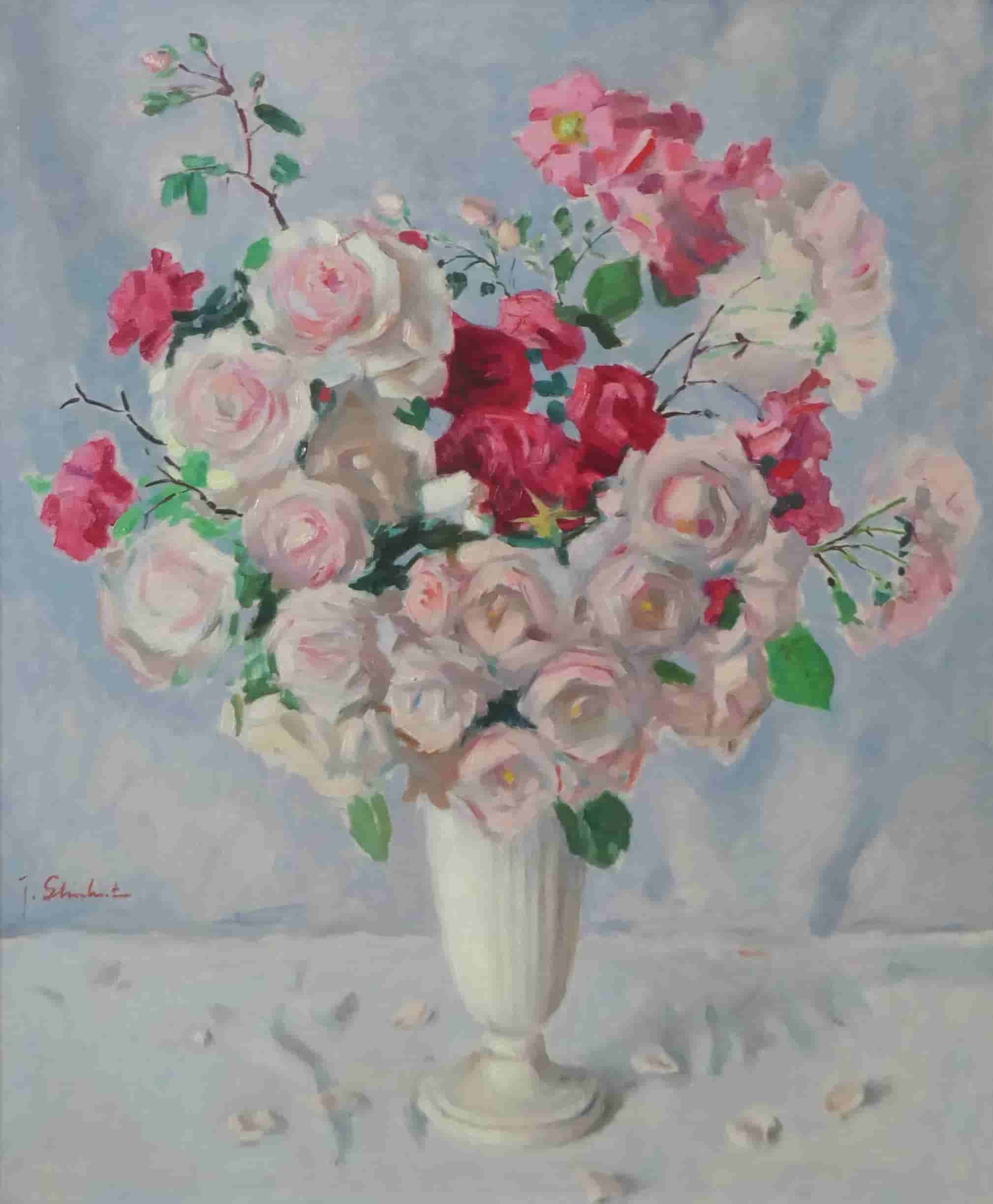 Joop Stierhout - Gemengd boeket in witte vaas (zonder lijst)