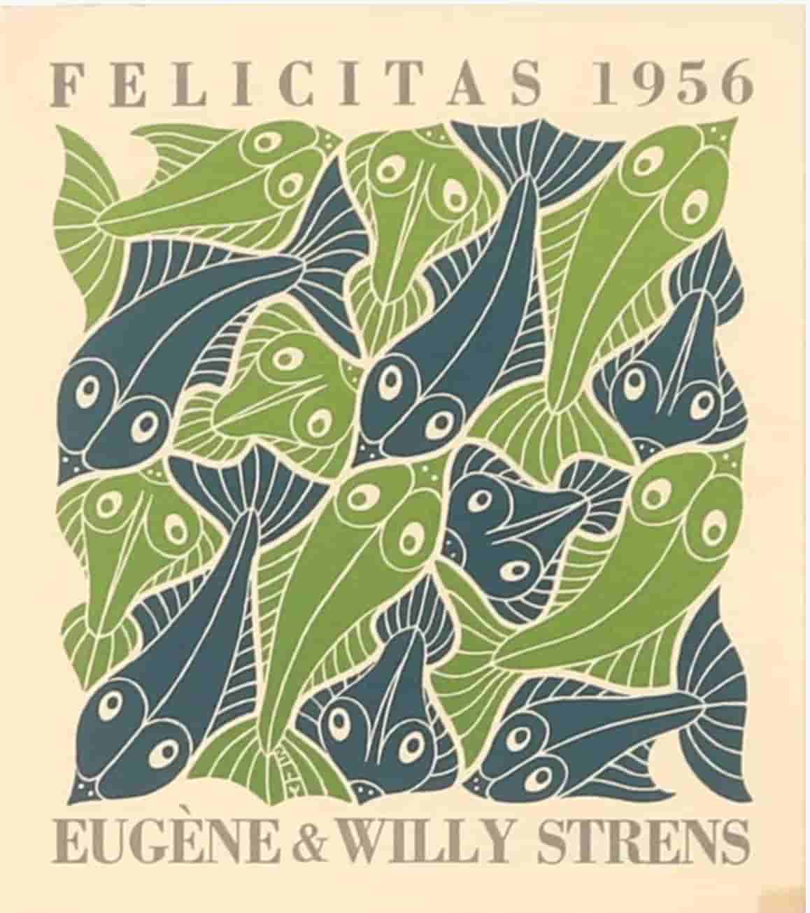 Maurits Escher - Nieuwjaarskaarten voor 1953-54-55-56 met de 4 elementen (i.o.v. Eugene en Willy Strens) (in interieur)