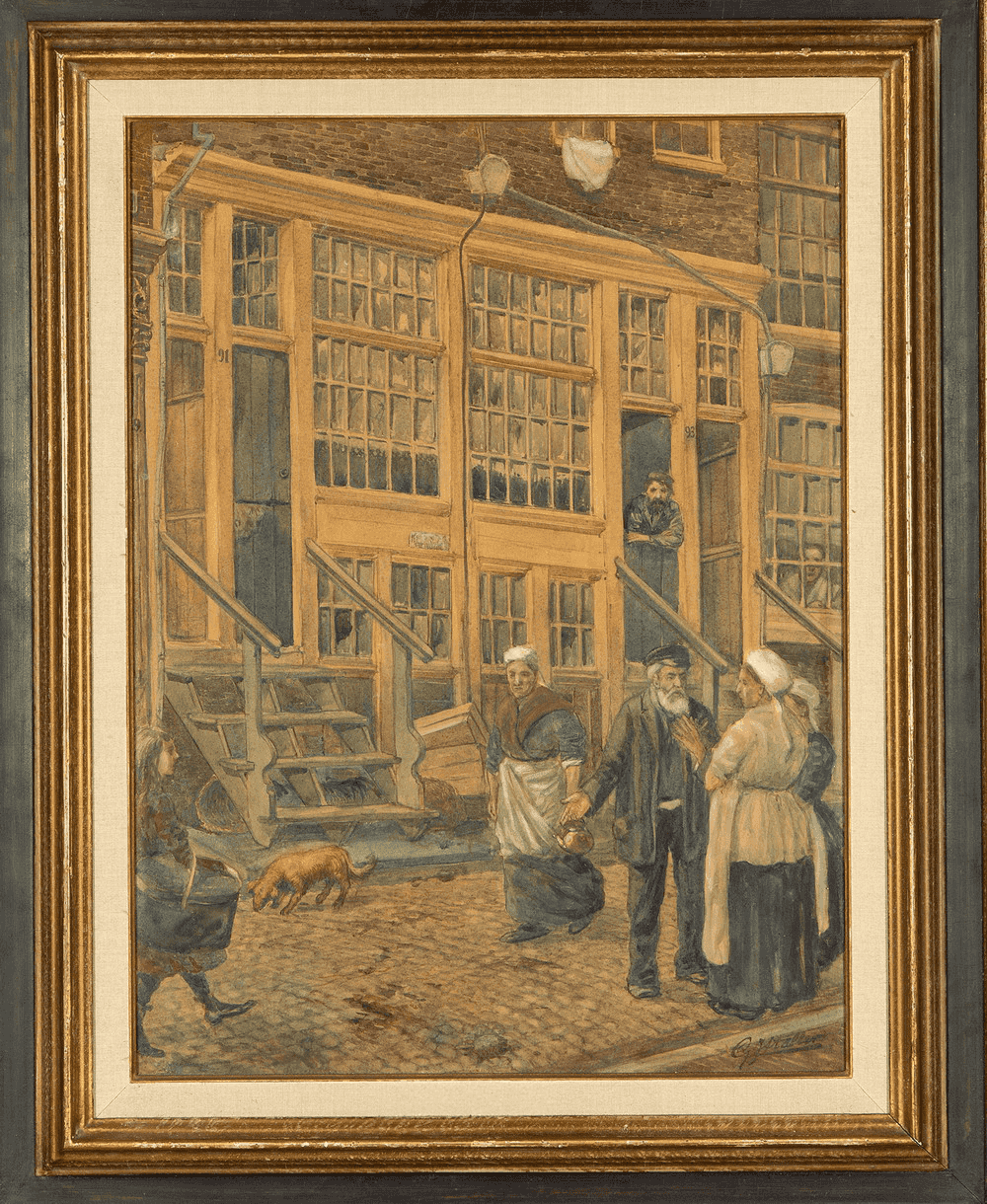 Gerard-Johan Staller - Straattafereel in de Joodse buurt van Amsterdam (met lijst)
