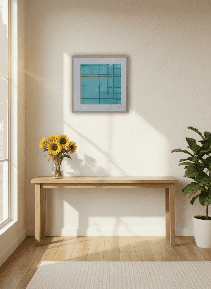 Eric de Nie - Compositie op blauwgroen fond (in interieur)