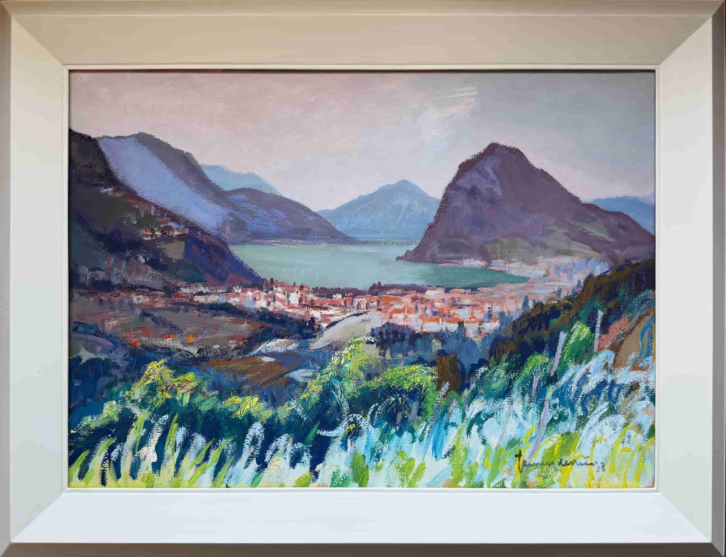 Jannes de Vries - Meer van Lugano - Kanton Tessin met meer en Monte Bré (met lijst)