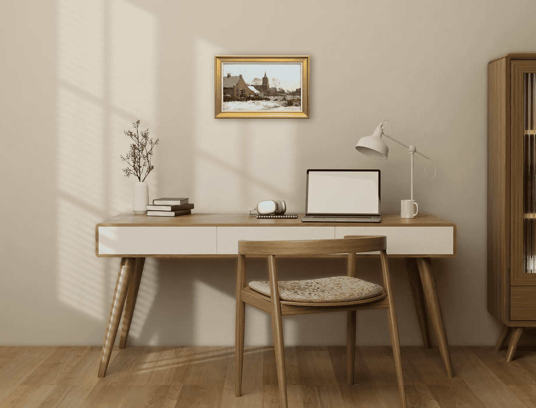 Cornelis Vreedenburgh - Verstild winterlandschap in het dorp Laren (in interieur)