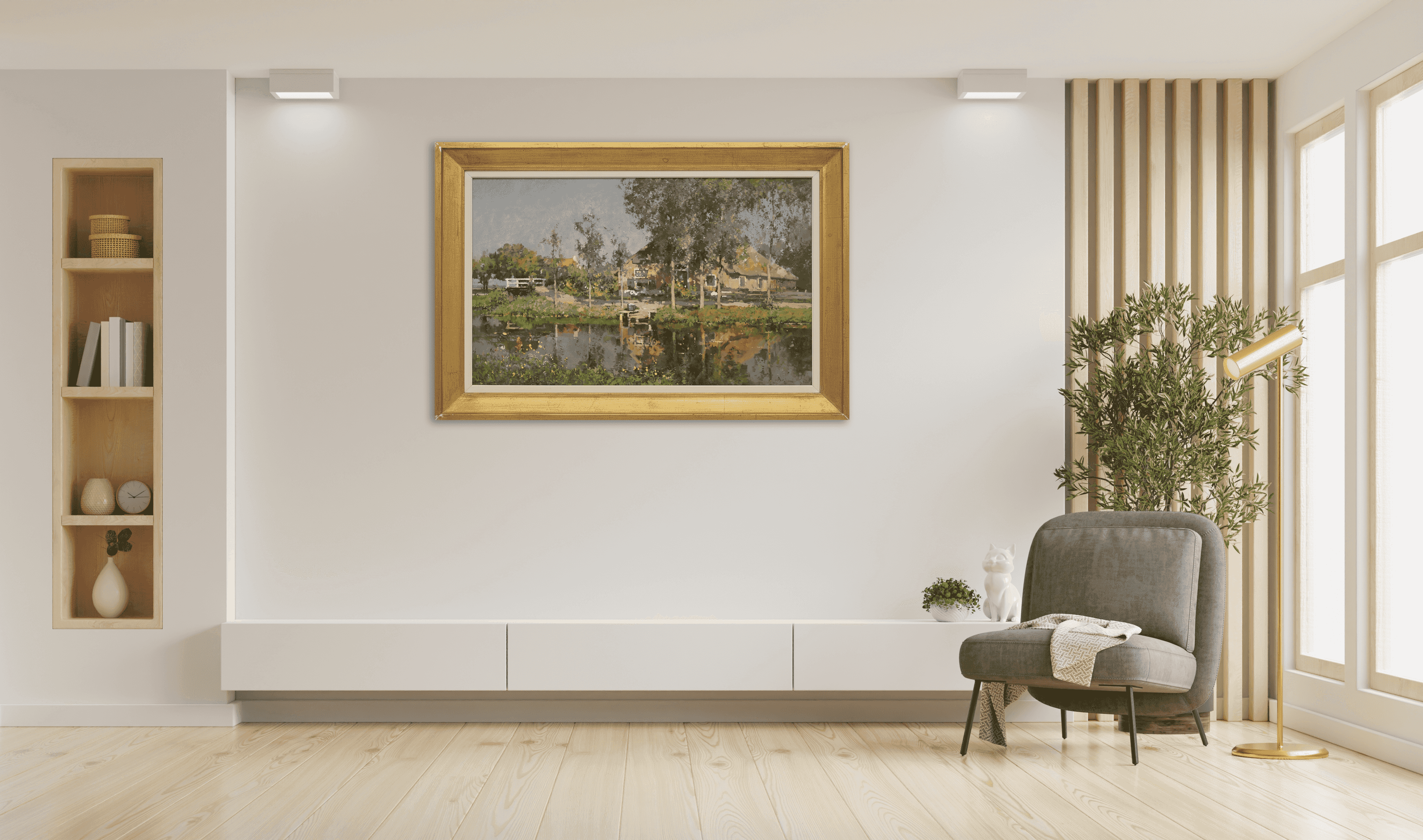 Cornelis Vreedenburgh - Idyllisch Hollands boerenerf aan het water (in interieur)