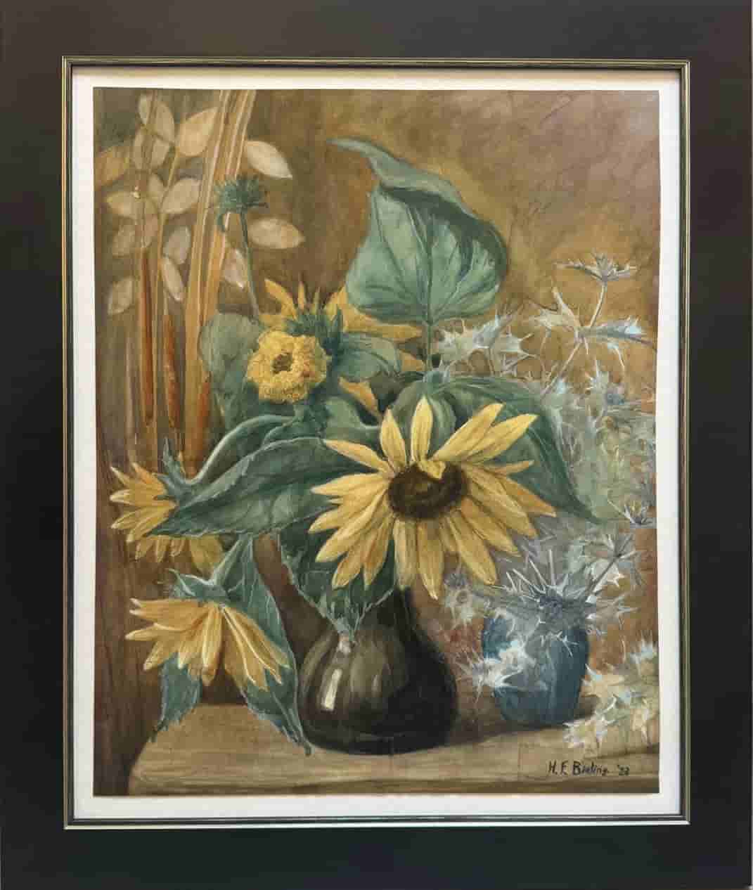 Herman Bieling - Zonnebloemen en distels in vintage vaas, 1928 (met lijst)