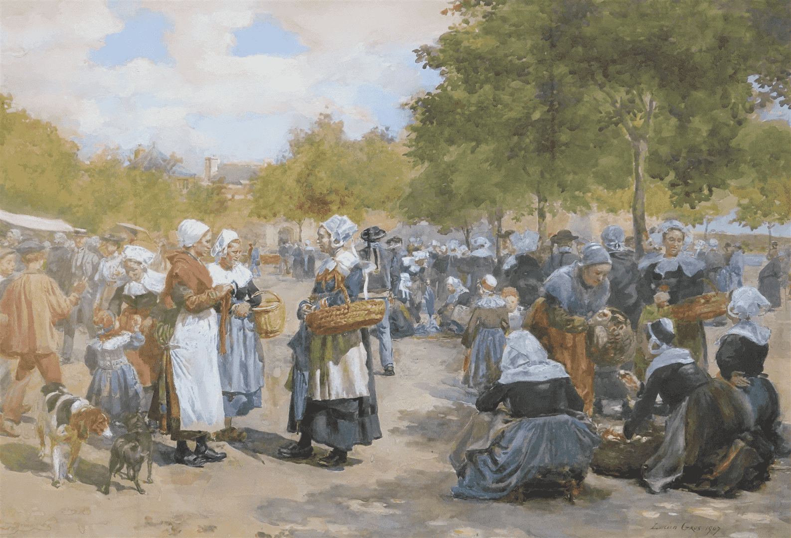 Lucien Alphonse Gros - Markttafereel te Concarneau, Bretagne, 1907 (zonder lijst)