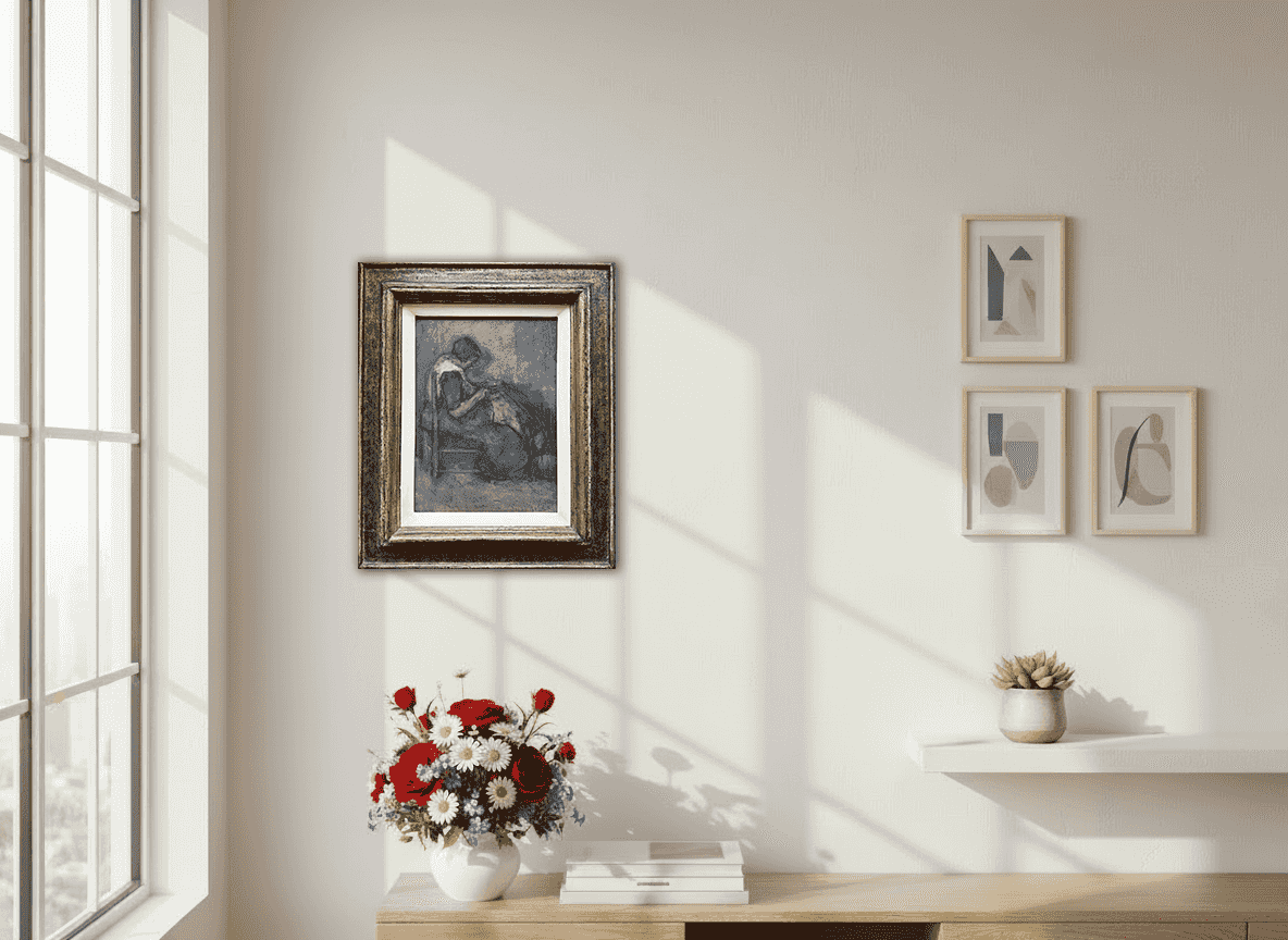 Suze Robertson - Jonge vrouw die kleding verstelt (in interieur)