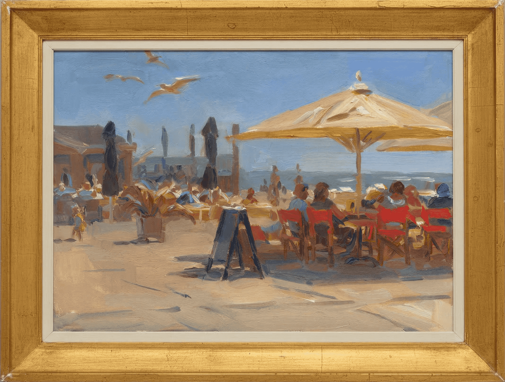 Hans Versfelt - Levendig strandterras op een zonnige dag aan zee door Hans Versfelt (met lijst)