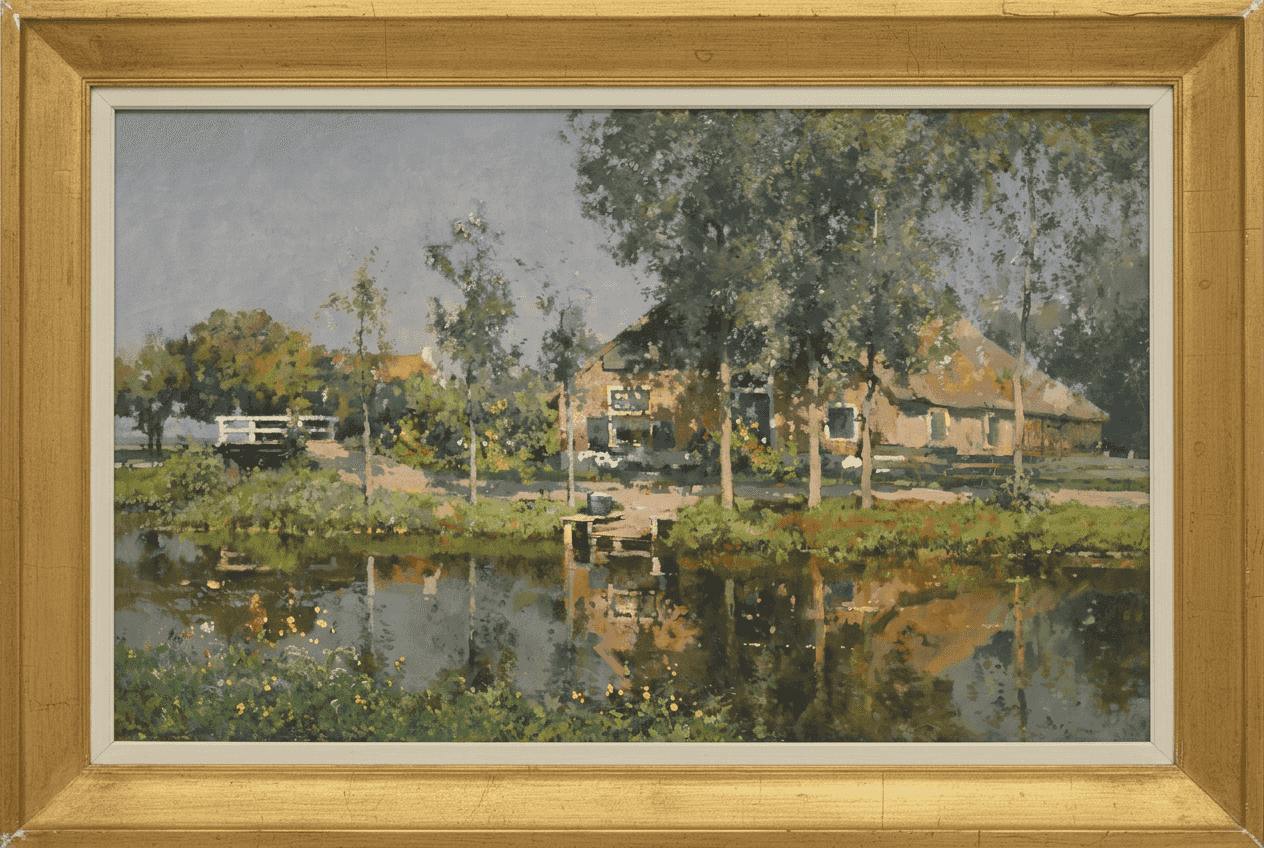 Cornelis Vreedenburgh - Idyllisch Hollands boerenerf aan het water (met lijst)