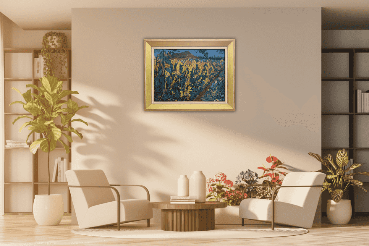 Johan Dijkstra - Gronings landschap met twee zonnebloemen (in interieur)