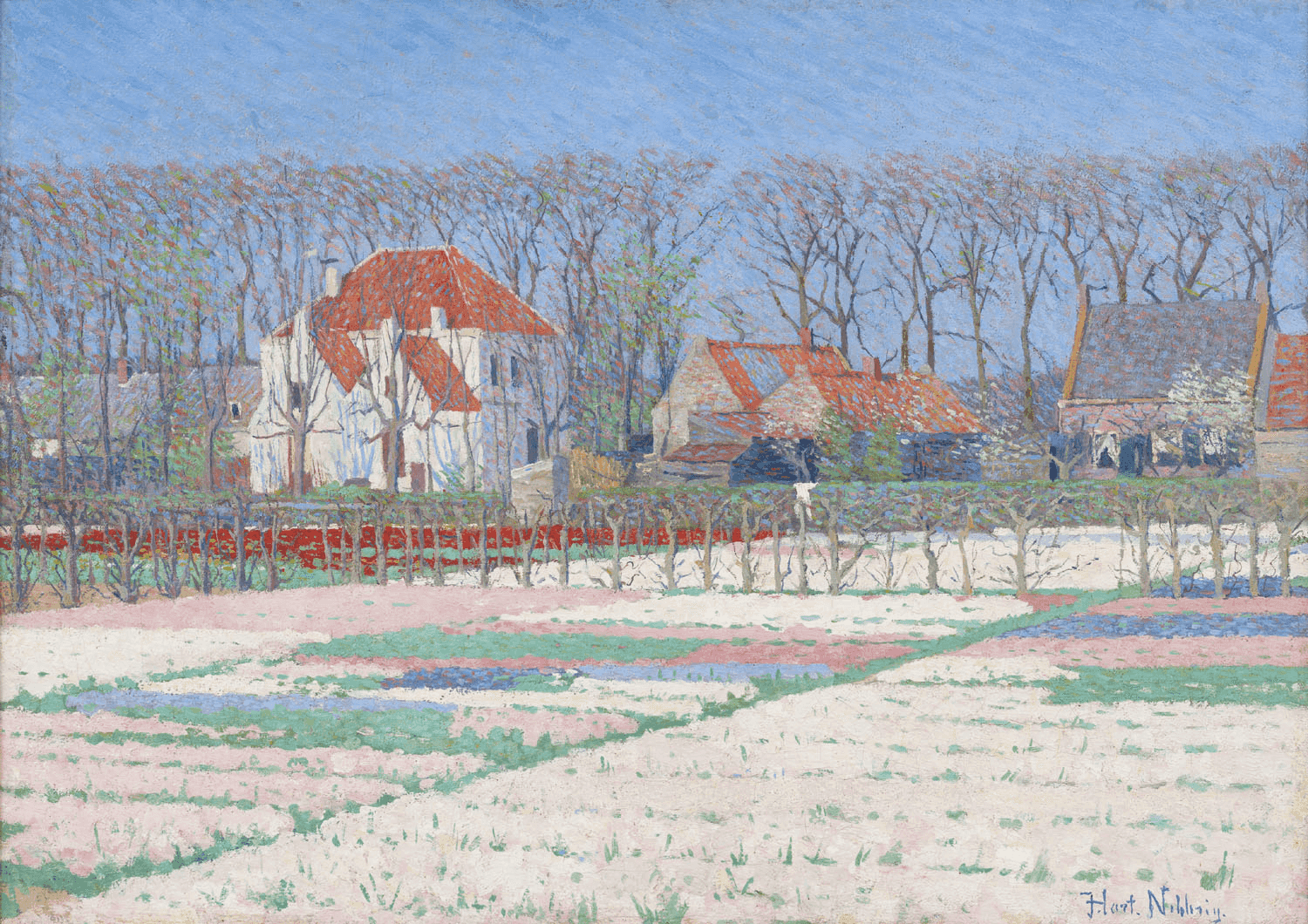 Ferdinand Hart-Nibbrig - Bollenvelden rond Huize Vredeoord in het dorp Bennebroek (zonder lijst)