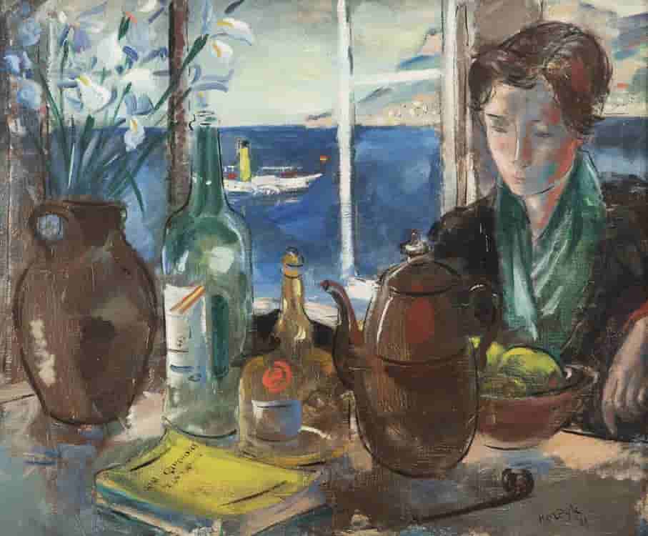 Gerard Hordijk - Zeegezicht met vrouw aan tafel (zonder lijst)