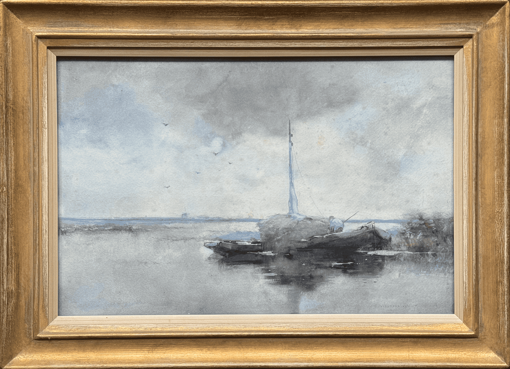 Cornelis Vreedenburgh - Verstild Hollands waterlandschap (met lijst)