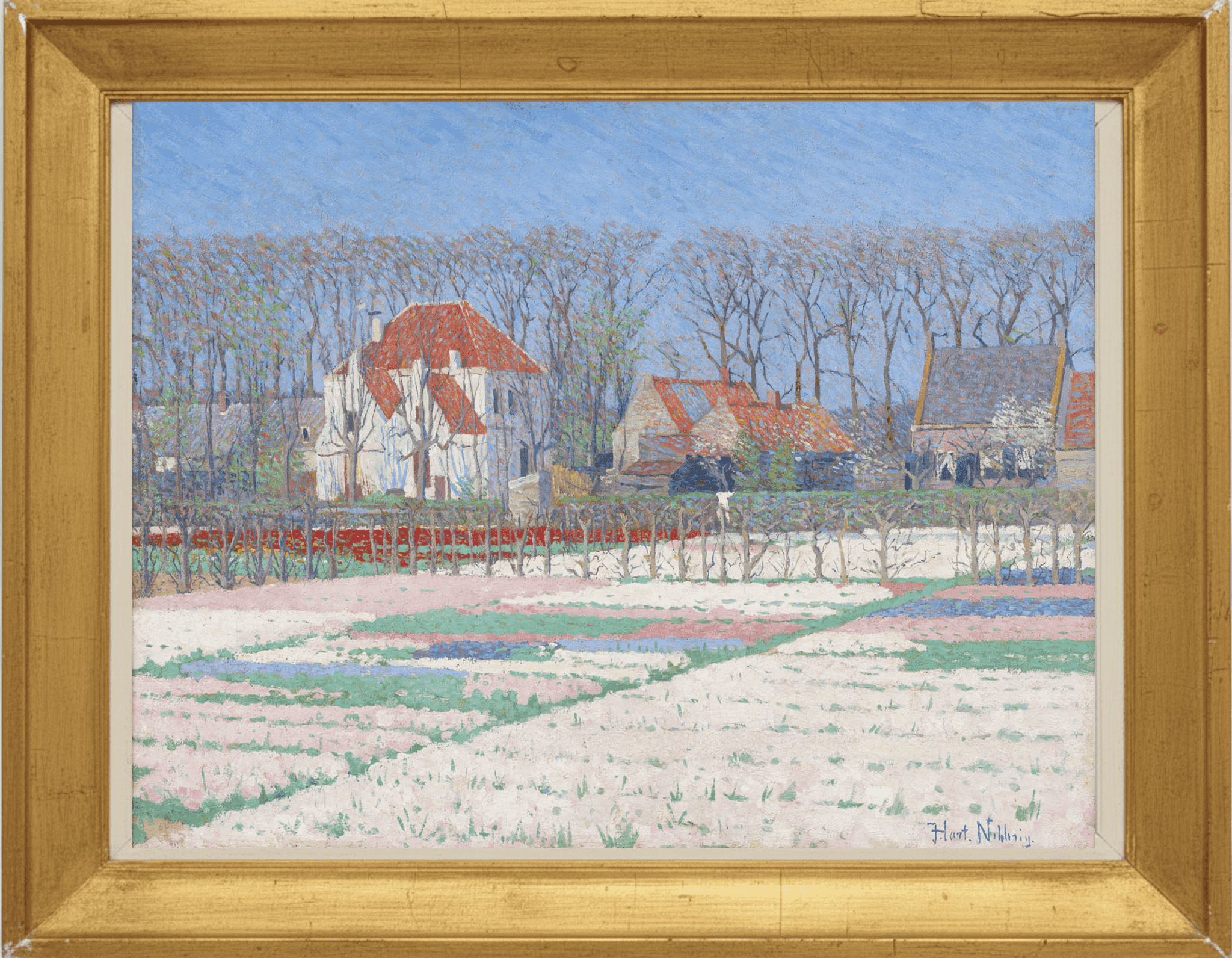 Ferdinand Hart-Nibbrig - Bollenvelden rond Huize Vredeoord in het dorp Bennebroek (met lijst)
