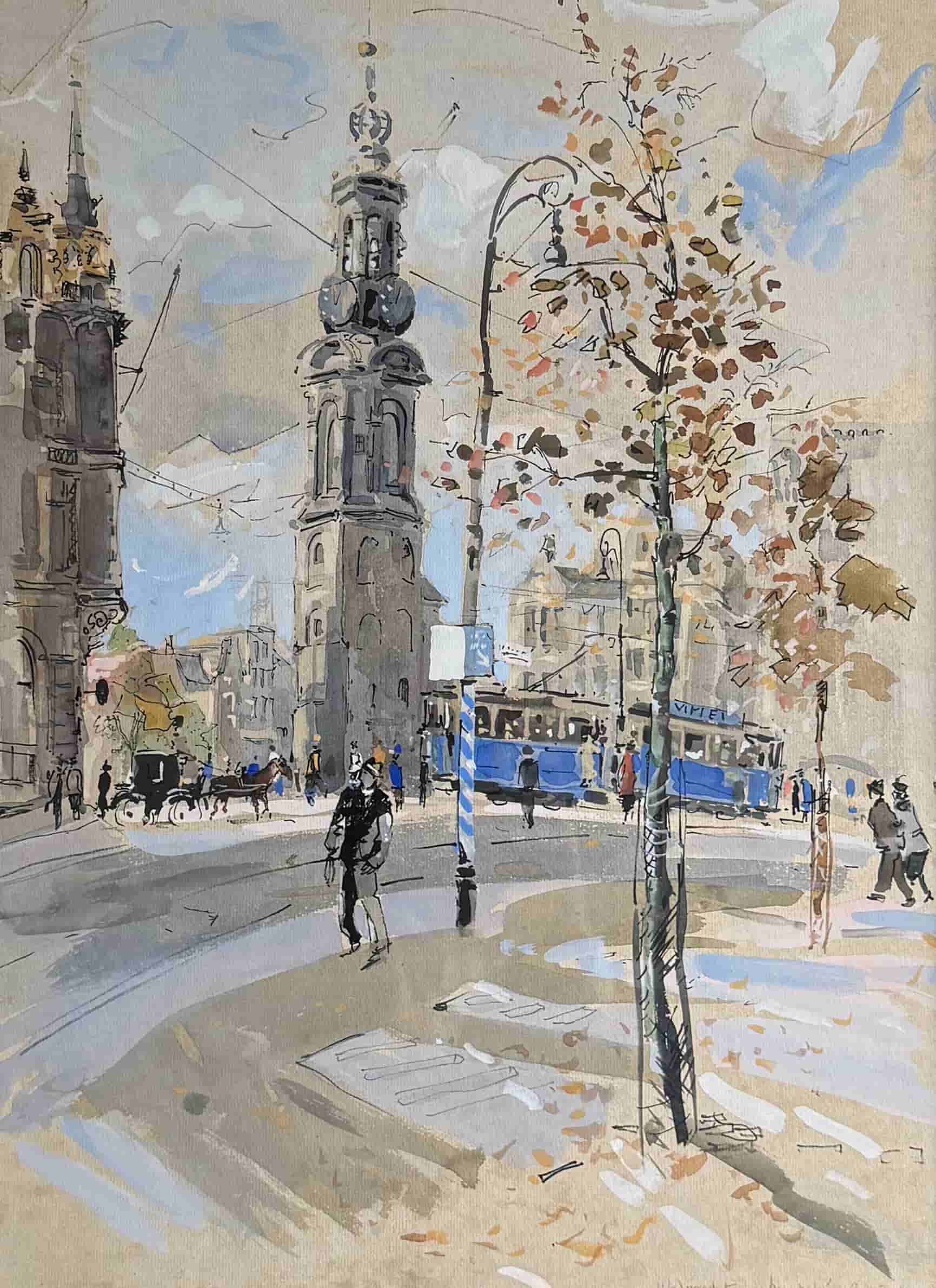 Ben Walrecht - De Munttoren in Amsterdam (zonder lijst)