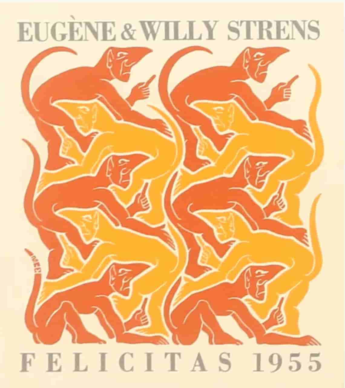 Maurits Escher - Nieuwjaarskaarten voor 1953-54-55-56 met de 4 elementen (i.o.v. Eugene en Willy Strens) (met lijst)