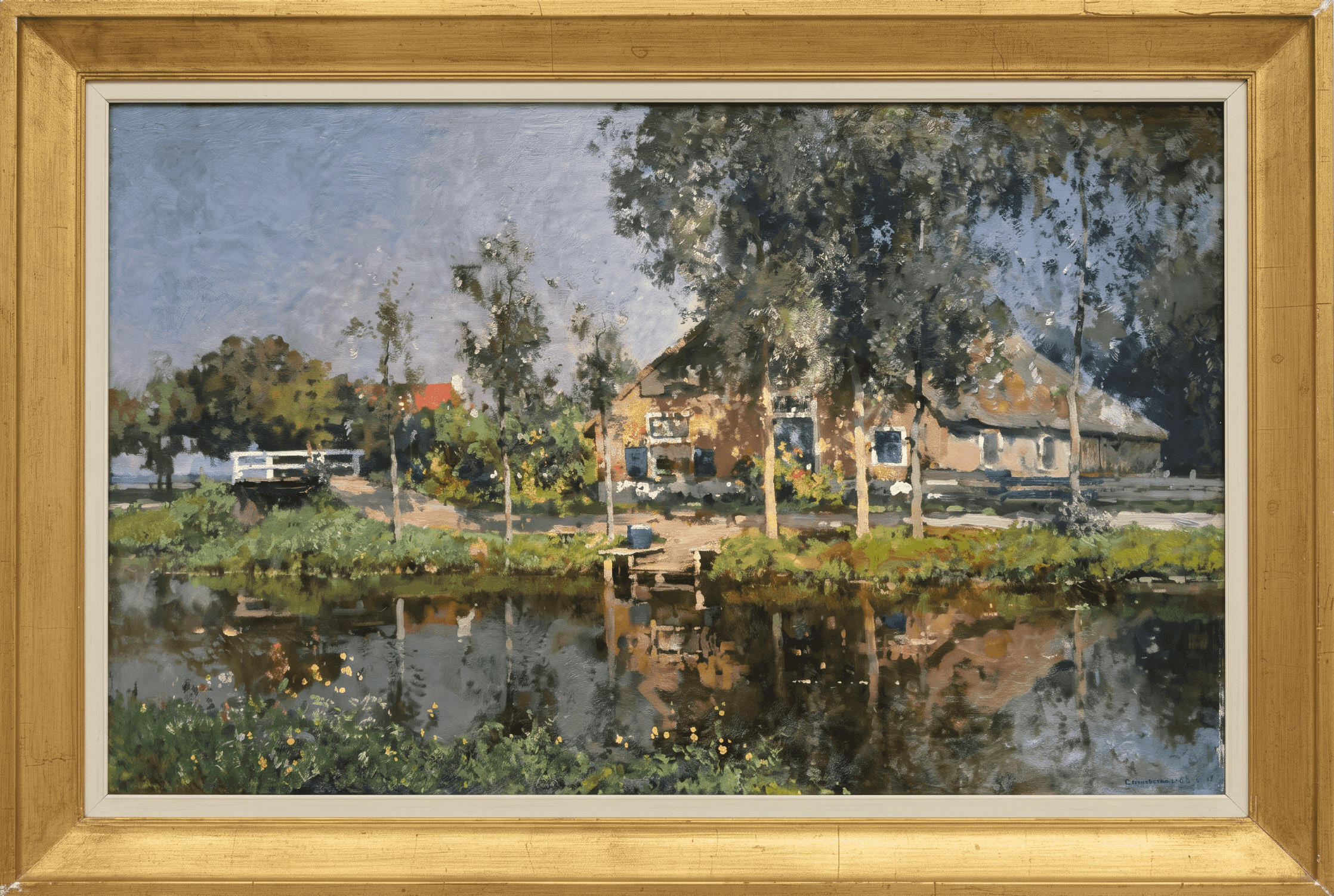 Cornelis Vreedenburgh - Idyllisch Hollands boerenerf aan het water (met lijst)