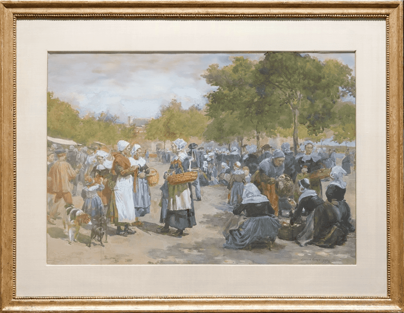Lucien Alphonse Gros - Markttafereel te Concarneau, Bretagne, 1907 (met lijst)