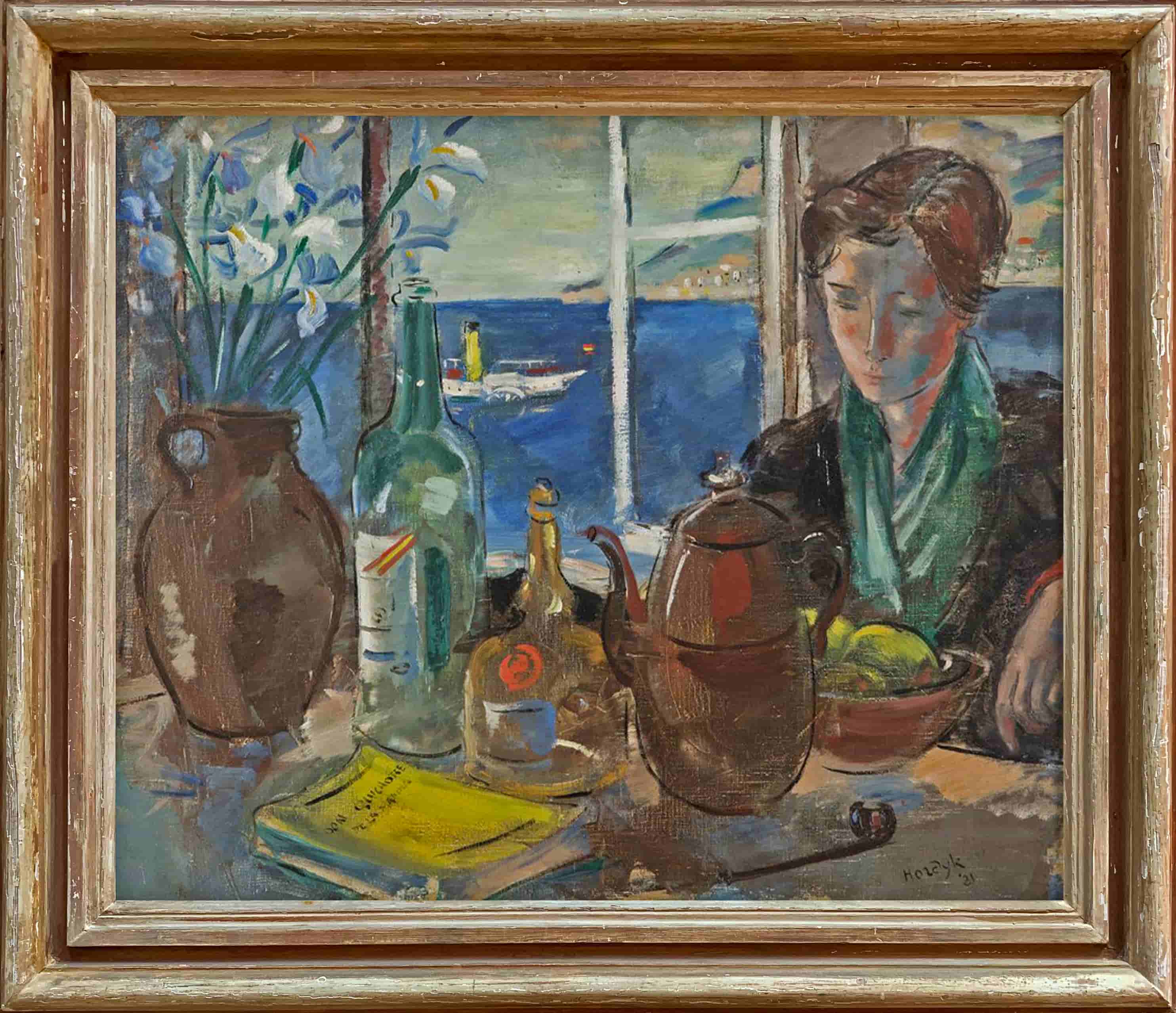 Gerard Hordijk - Zeegezicht met vrouw aan tafel (met lijst)