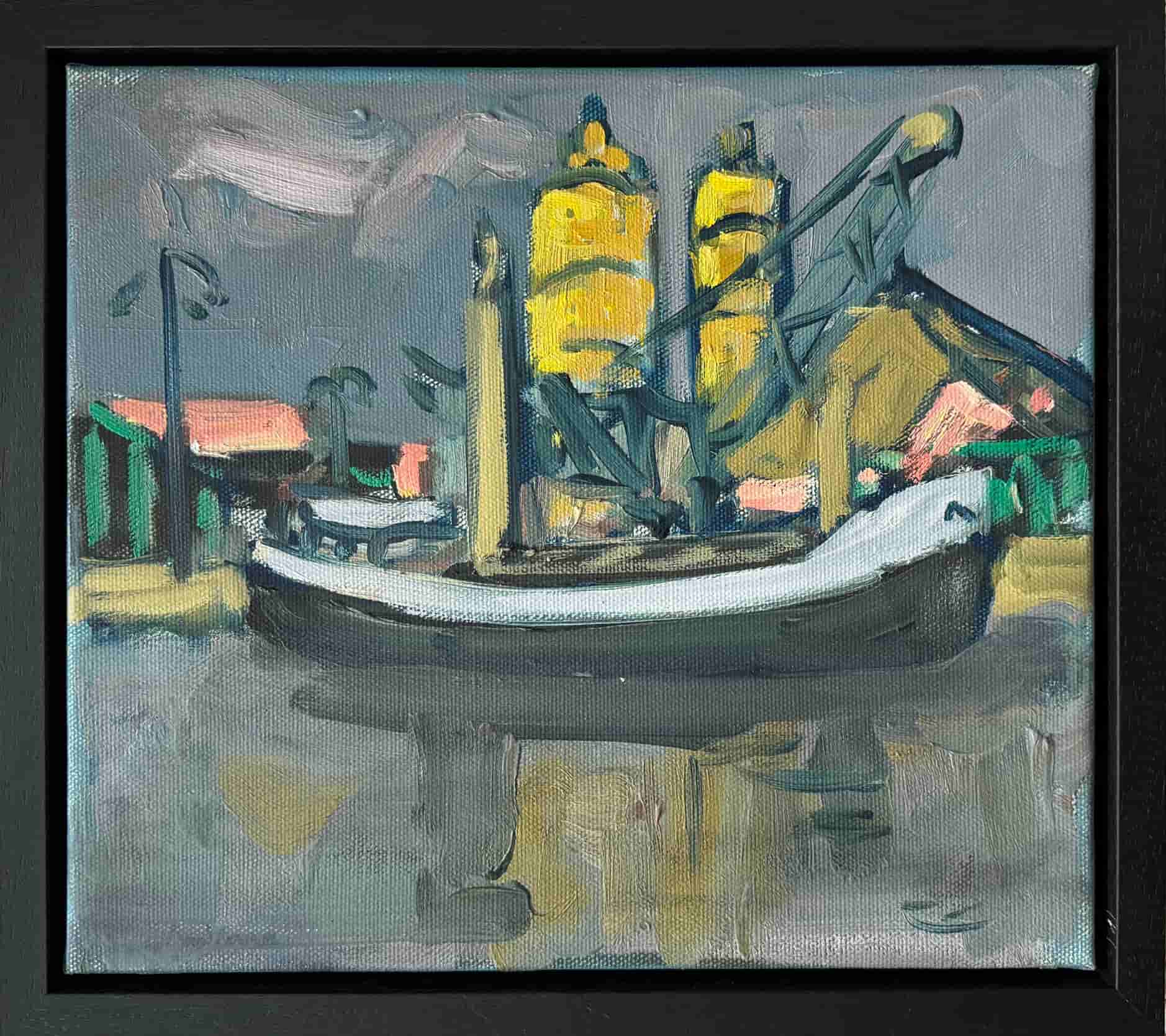 Wim van der Veer - Boot bij twee silo's  (met lijst)