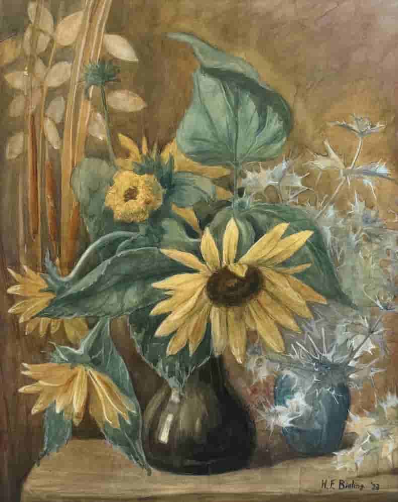 Herman Bieling - Zonnebloemen en distels in vintage vaas, 1928 (zonder lijst)