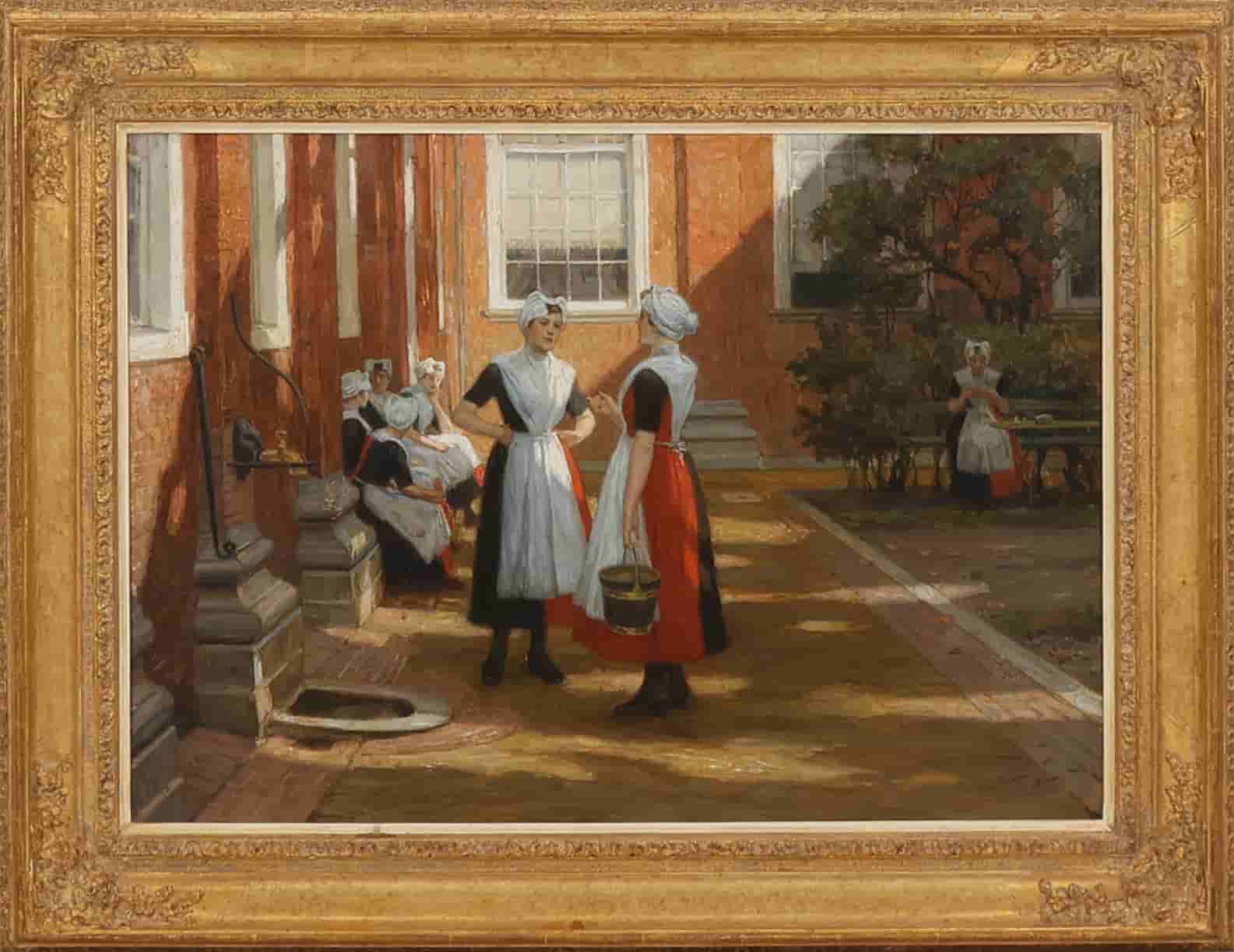 Nicolaas van der Waay - Binnenterrein van het burgerweeshuis te Amsterdam (met lijst)