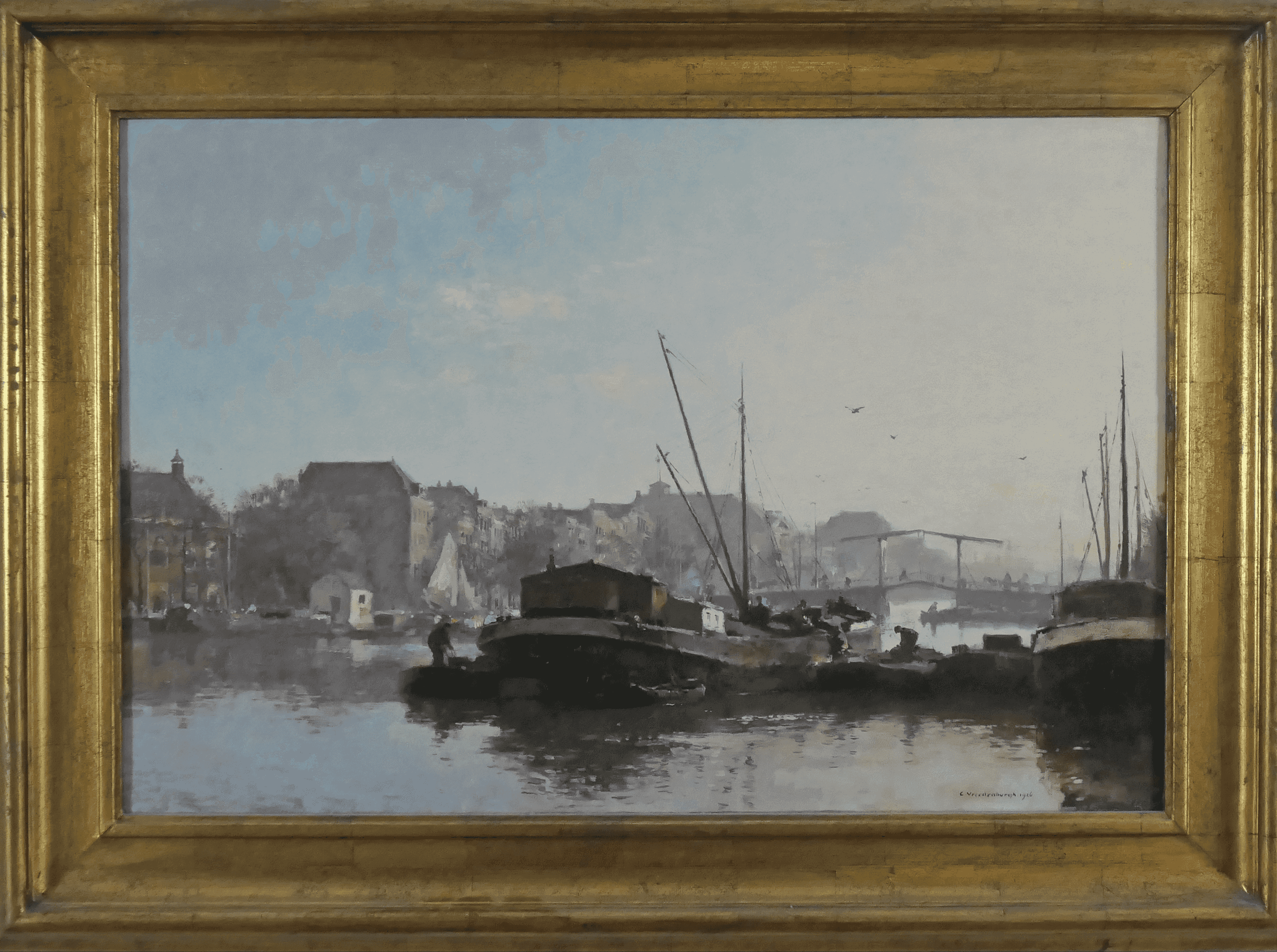 Cornelis Vreedenburgh - Ochtendstemming aan de Amstel rivier (met lijst)