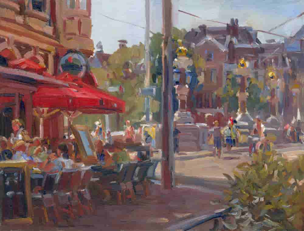 Hans Versfelt - Zomers stadsgezicht bij de Blauwbrug – en plein air geschilderd door Hans Versfelt (zonder lijst)