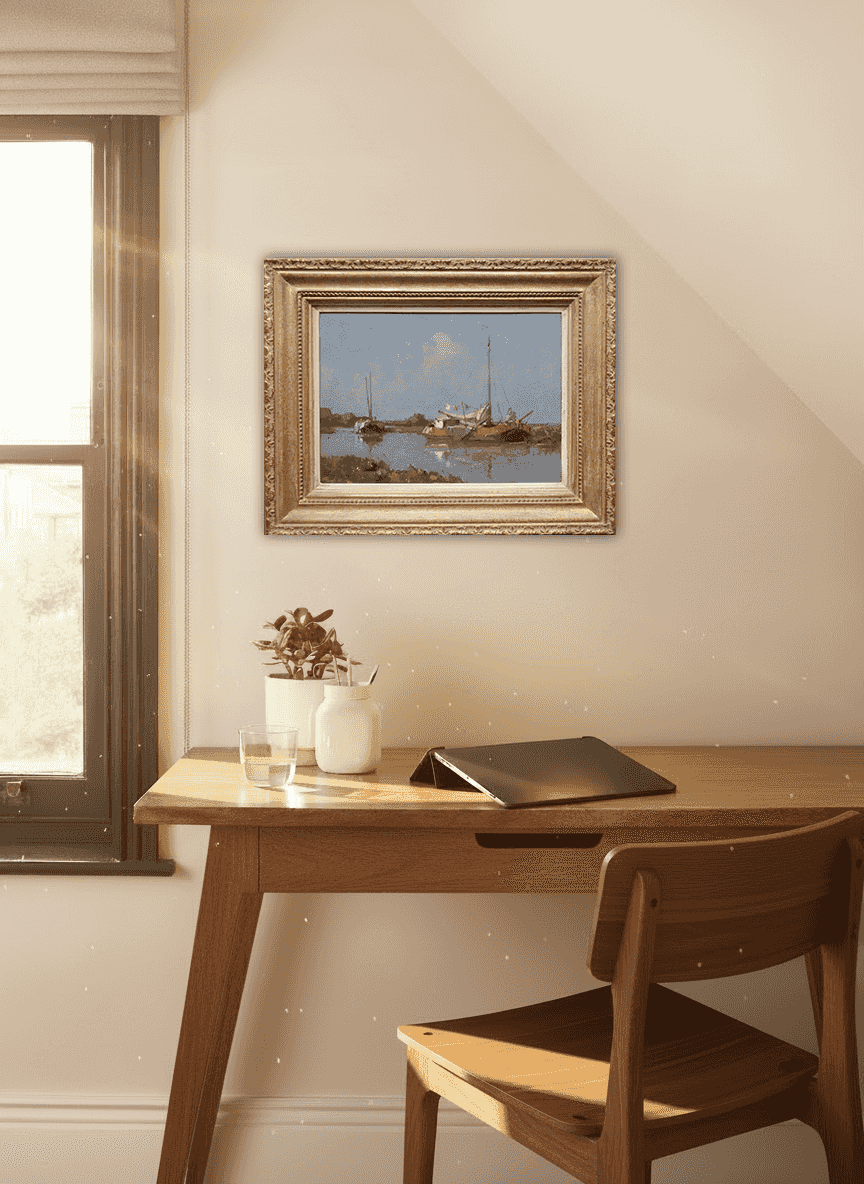 Cornelis Vreedenburgh - Tjalk die voor anker ligt (in interieur)