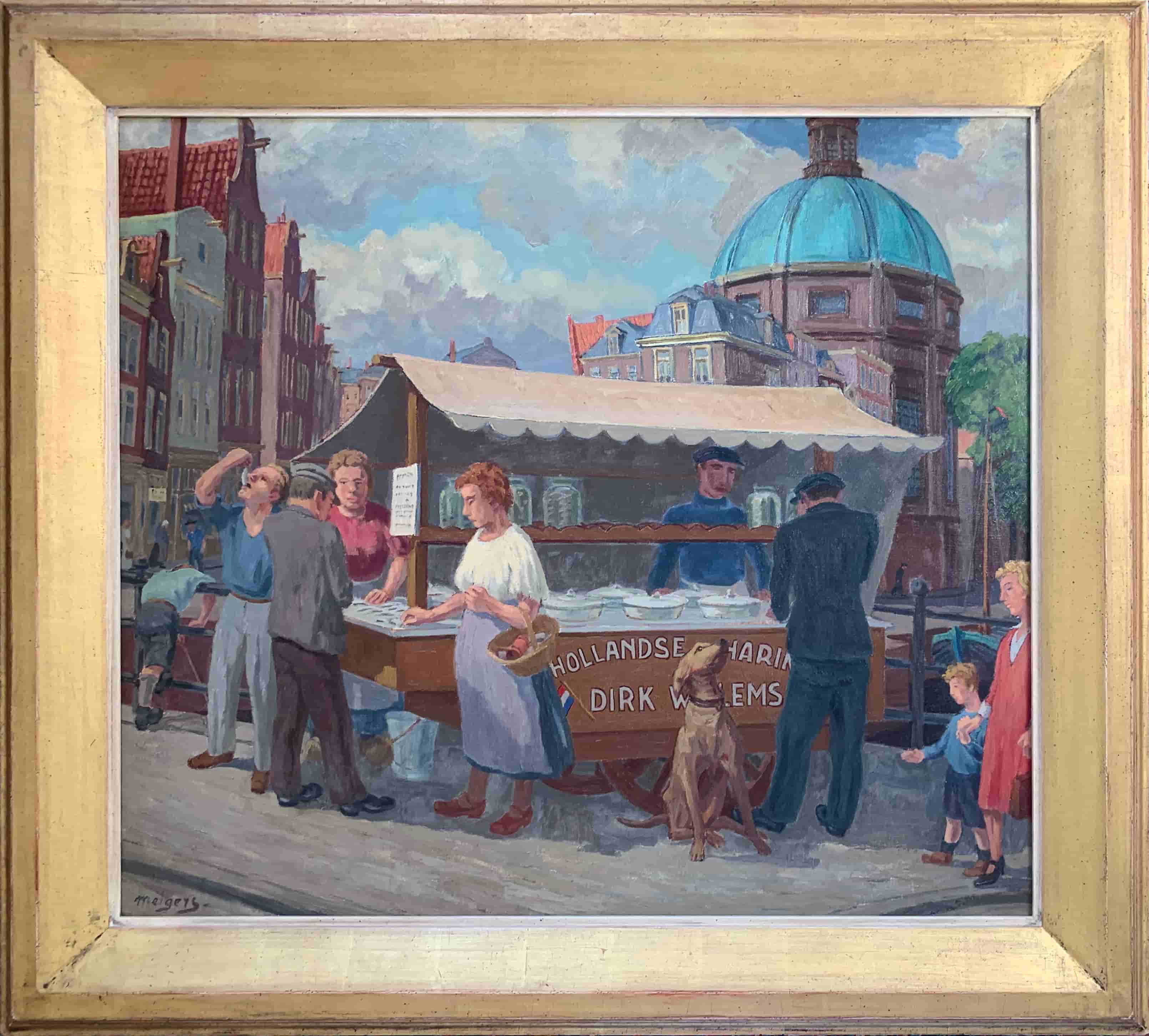 Henk Melgers - Haringkar op de Haarlemmersluis te Amsterdam (met lijst)