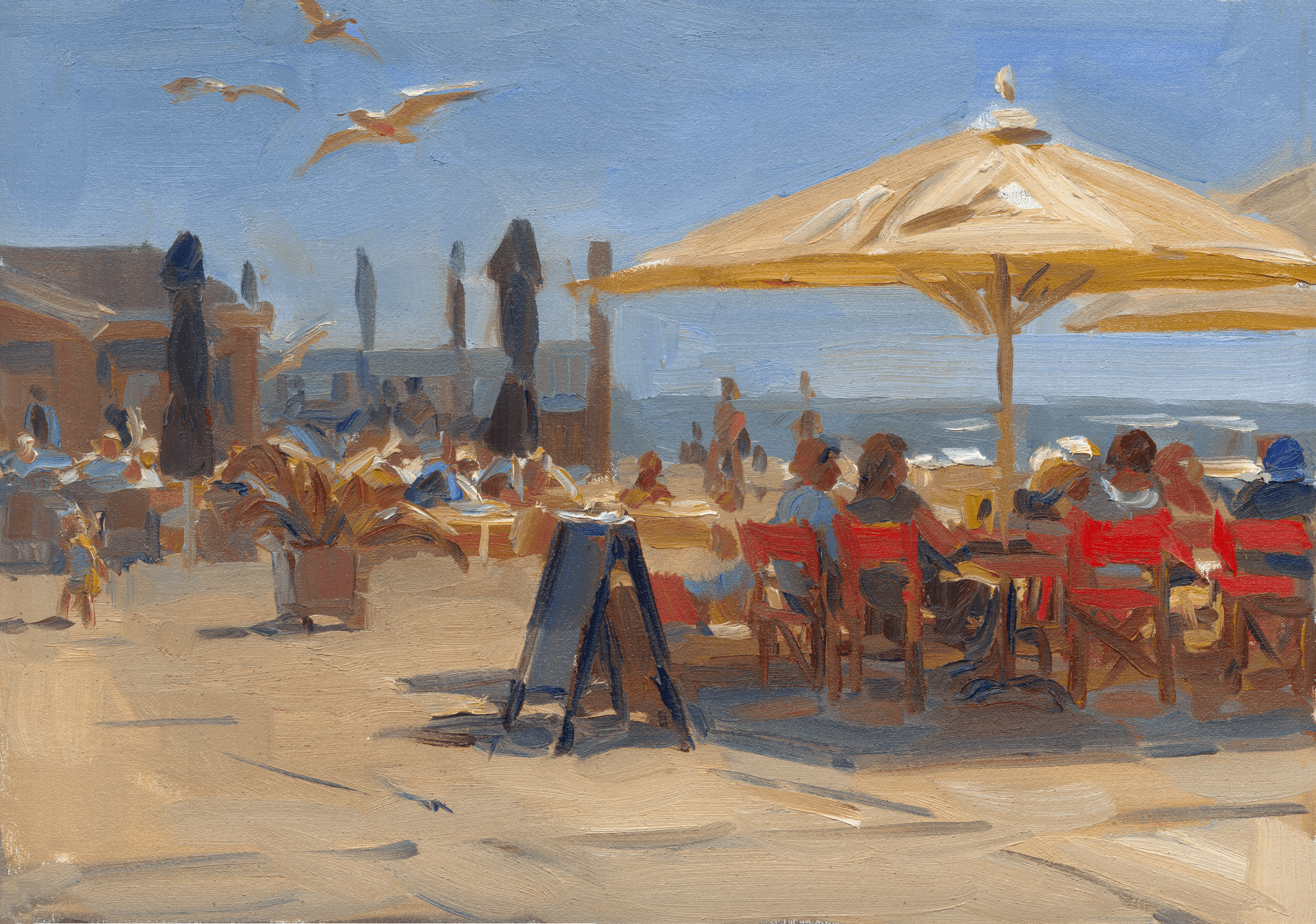 Hans Versfelt - Levendig strandterras op een zonnige dag aan zee door Hans Versfelt (zonder lijst)