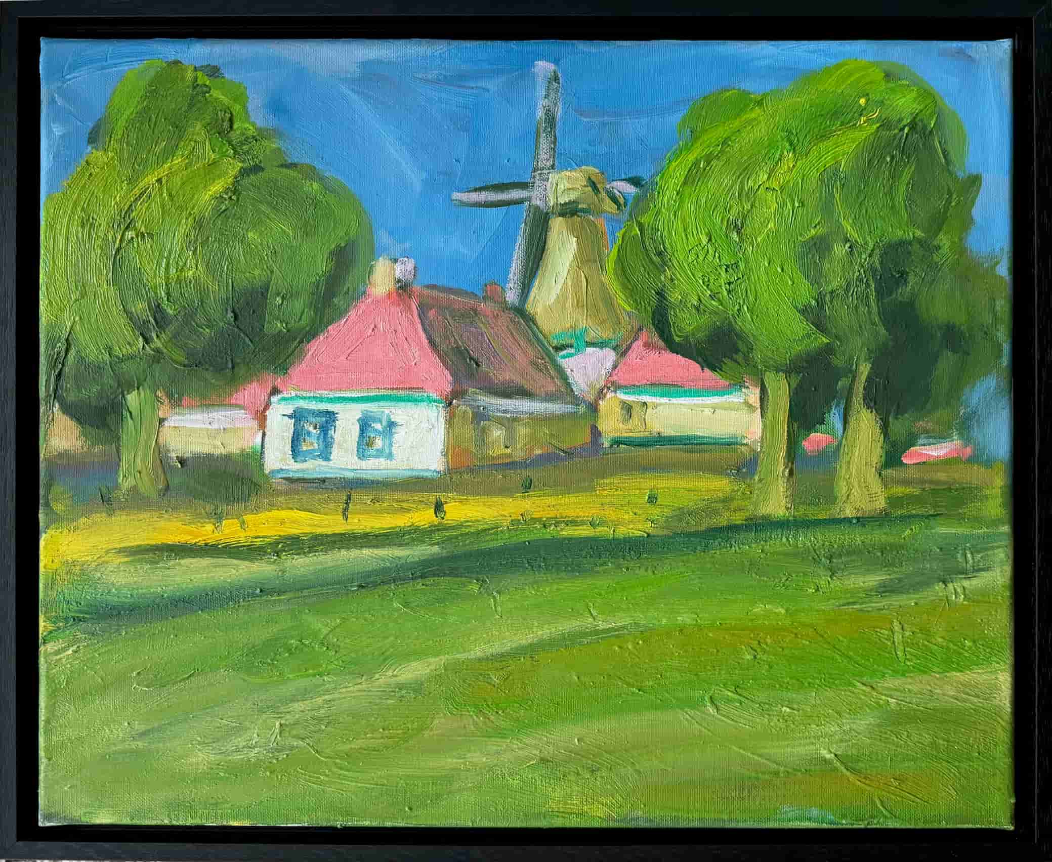 Wim van der Veer - Dorpje met molen (met lijst)