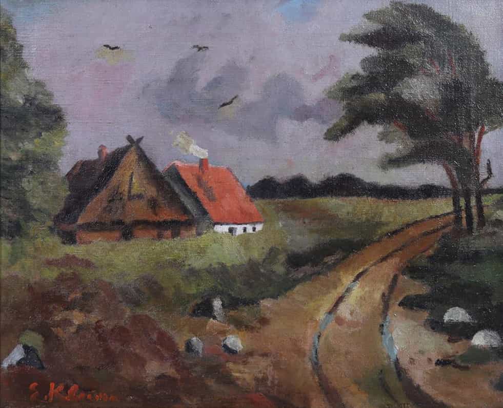 Twee boerderijen in Noord-Nederlands landschap zonder lijst
