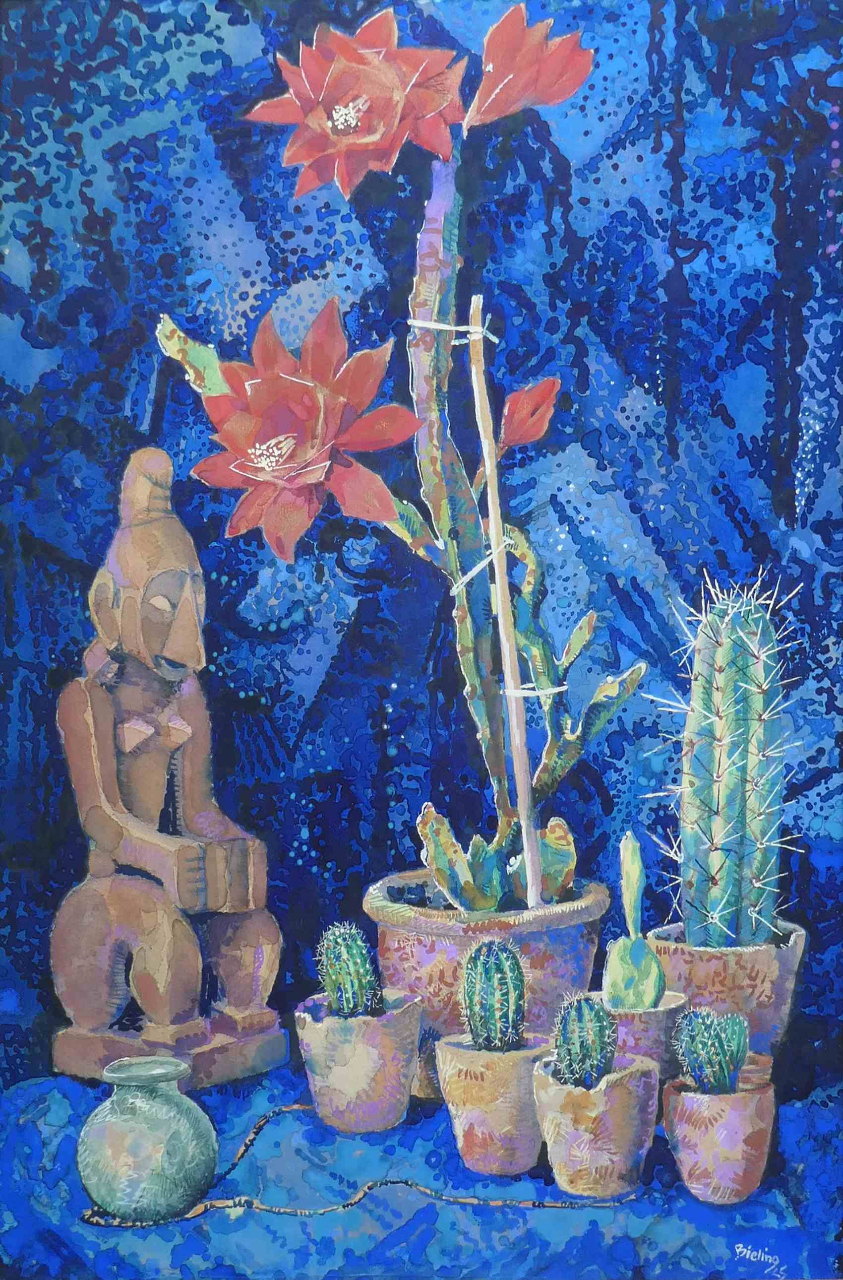 Stilleven met cactussen en Afrikaans beeld
