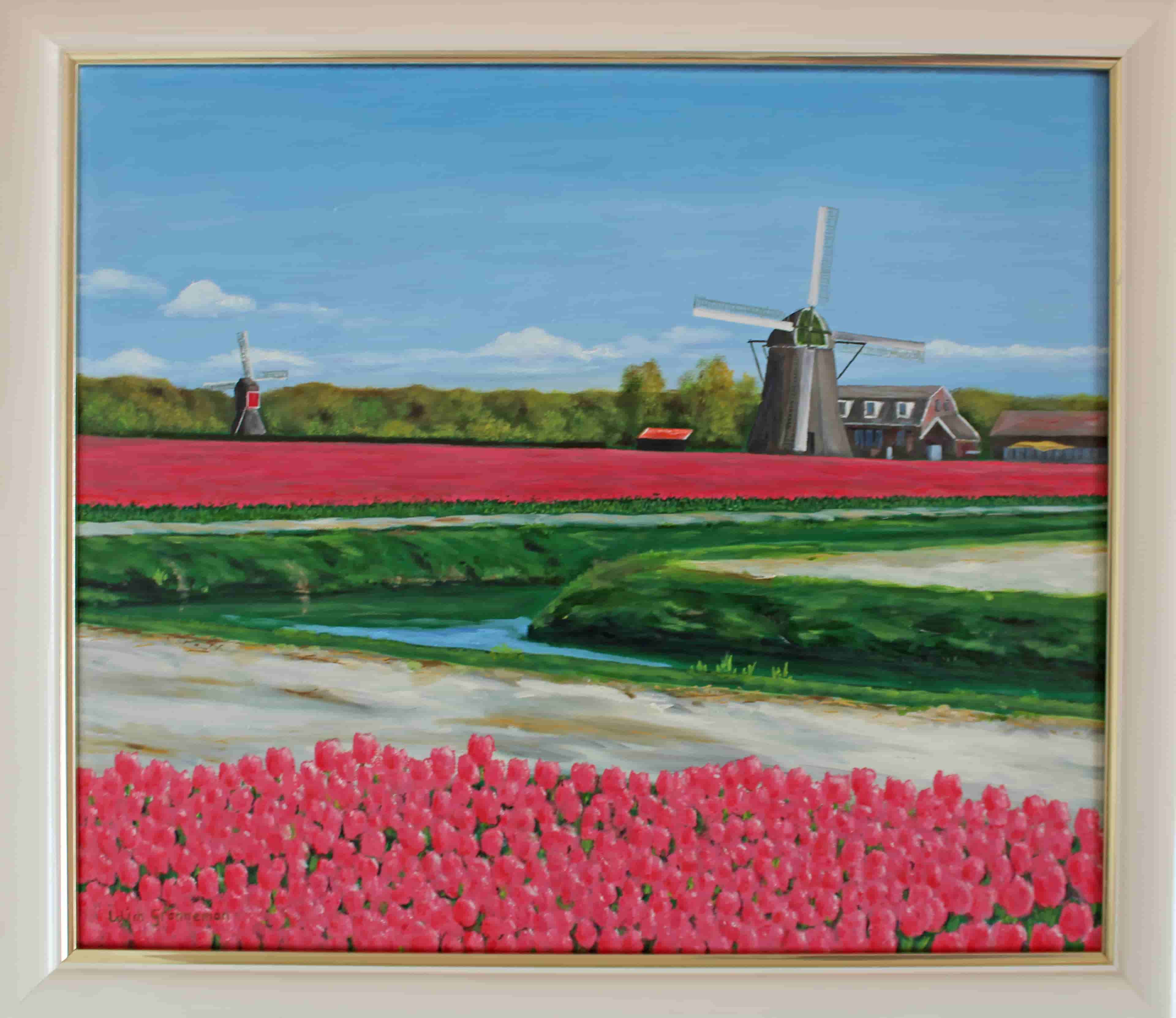 Wim Granneman - Bollenvelden met tulpen en poldermolens nabij de grens van Noordwijkerhout en Lisse (met lijst)